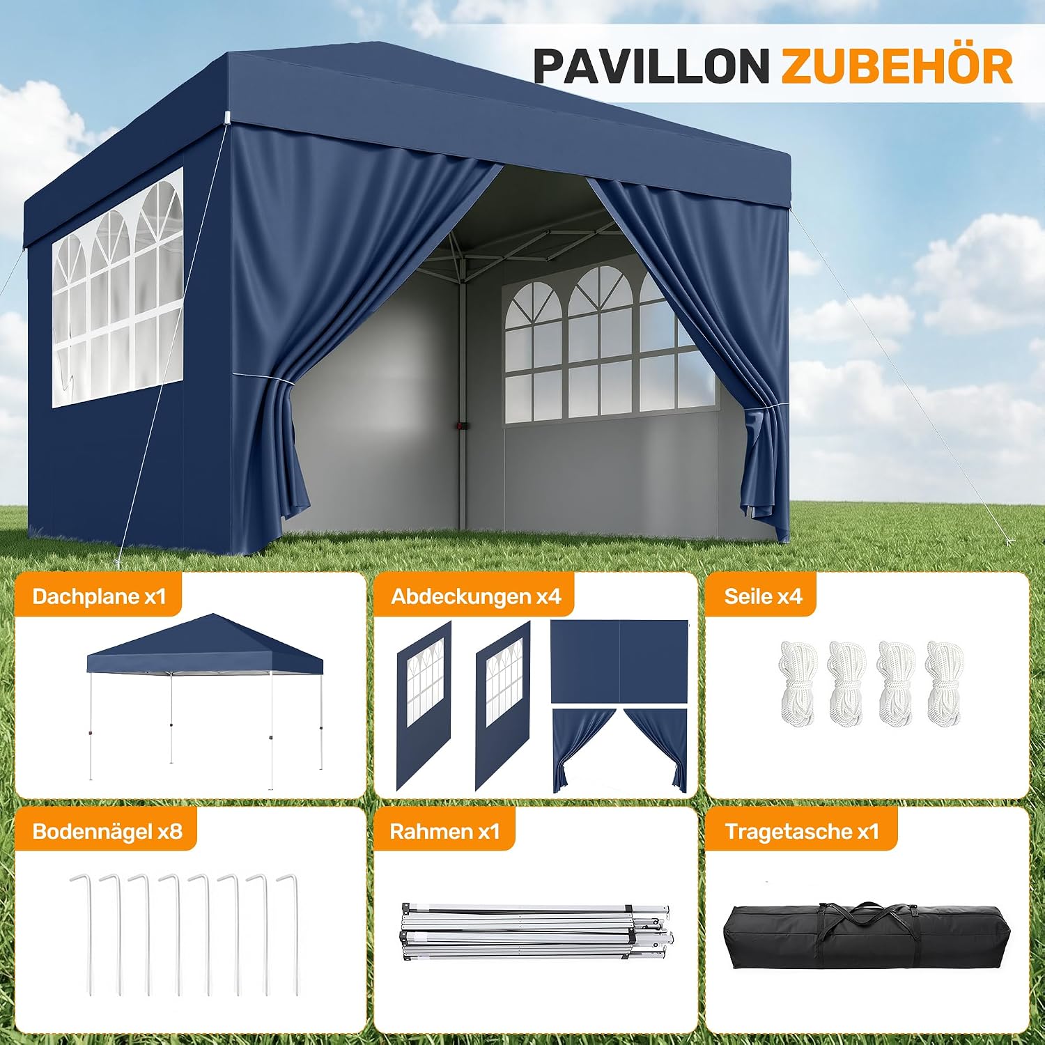 Detalle 2 de Hawthyhome Pavillon 3x3 – Wasserdicht, stabil und winterfest mit 4 Seitenwänden (Blau)