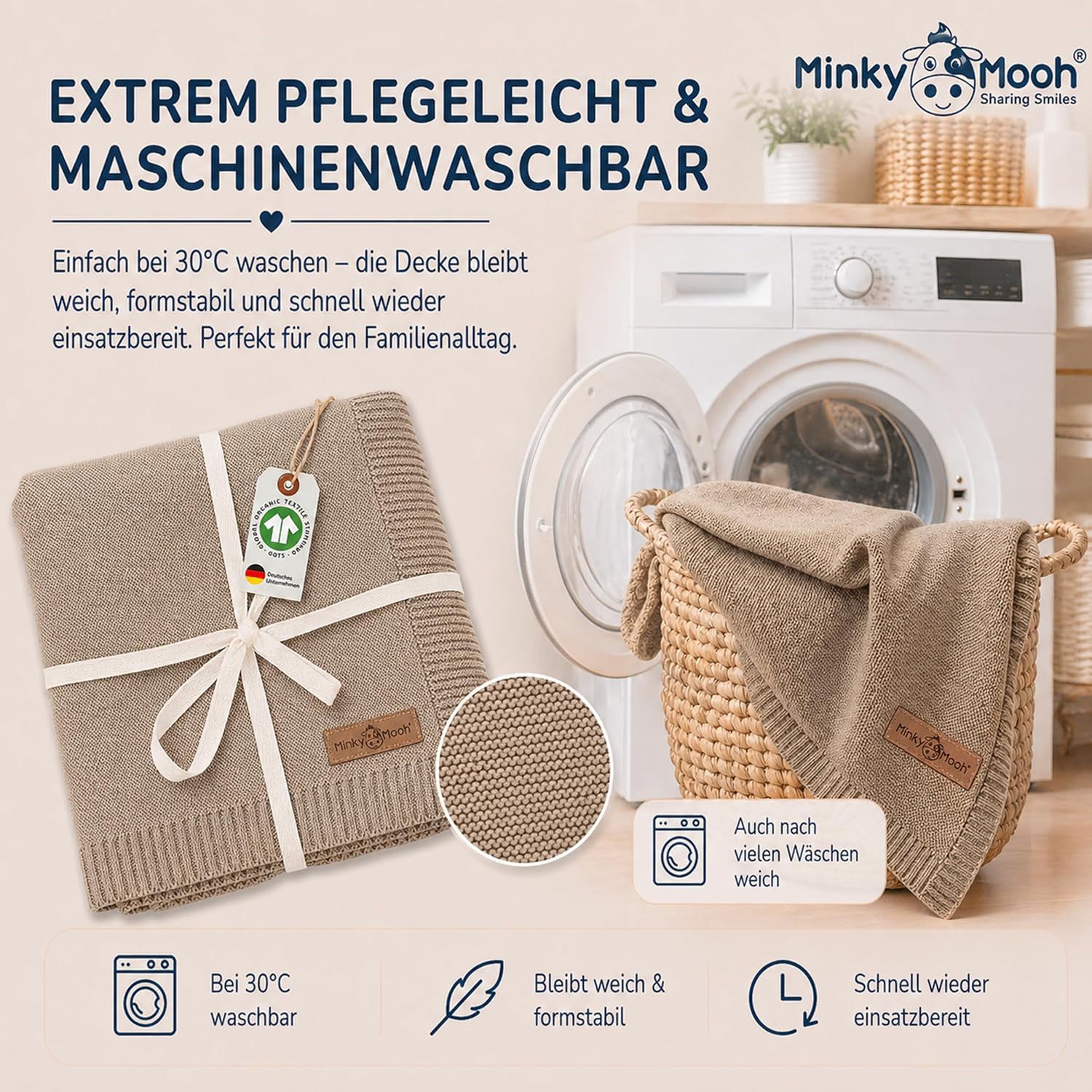 Thumbnail 3 de Minky Mooh® Babydecke aus 100% Bio-Baumwolle, Öko-Tex 100, Taupe 94 x 72 cm