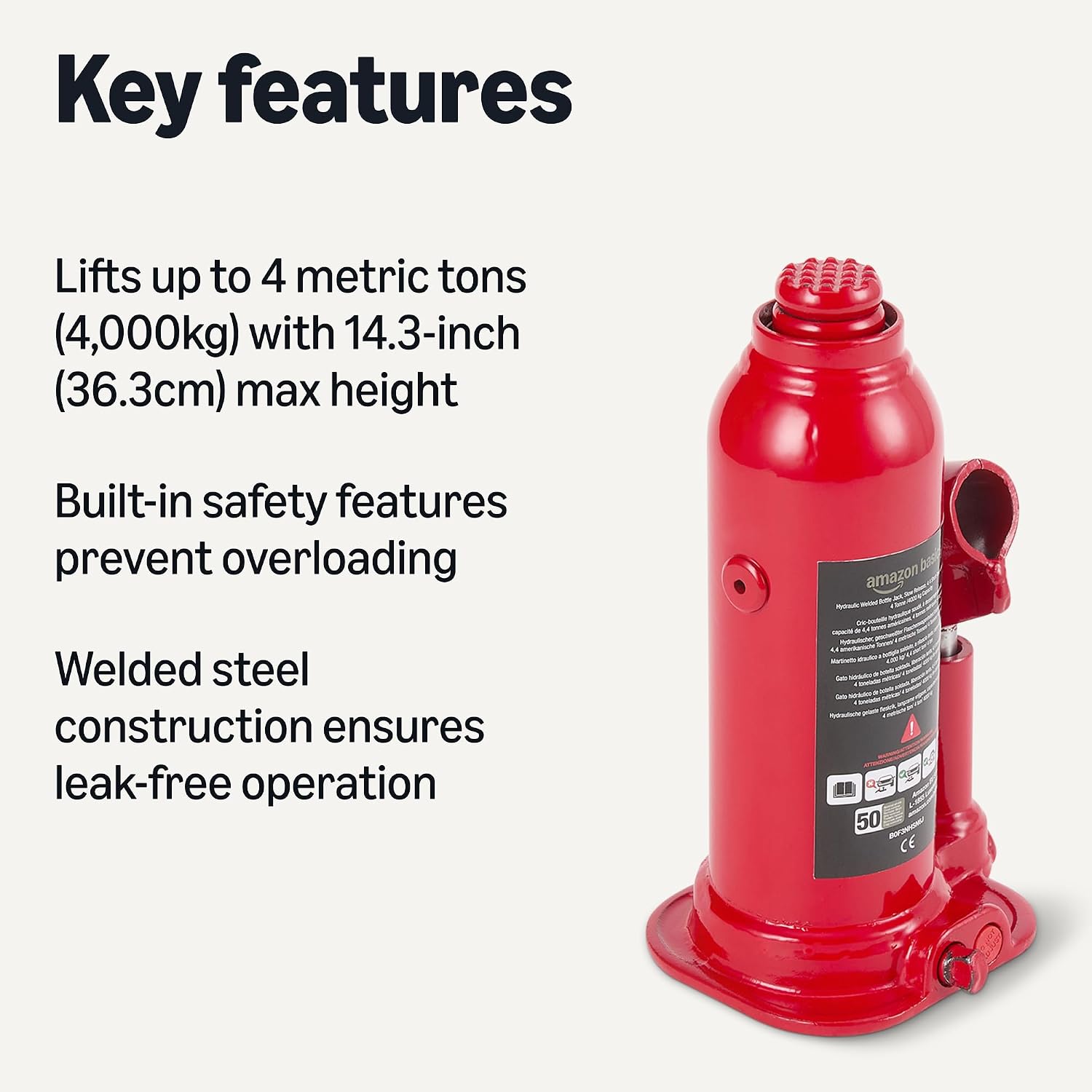 Detalle 2 de Amazon Basics Hydraulic Welded Bottle and Car Jack, 4.4 Short Ton/4 Tonne, Red