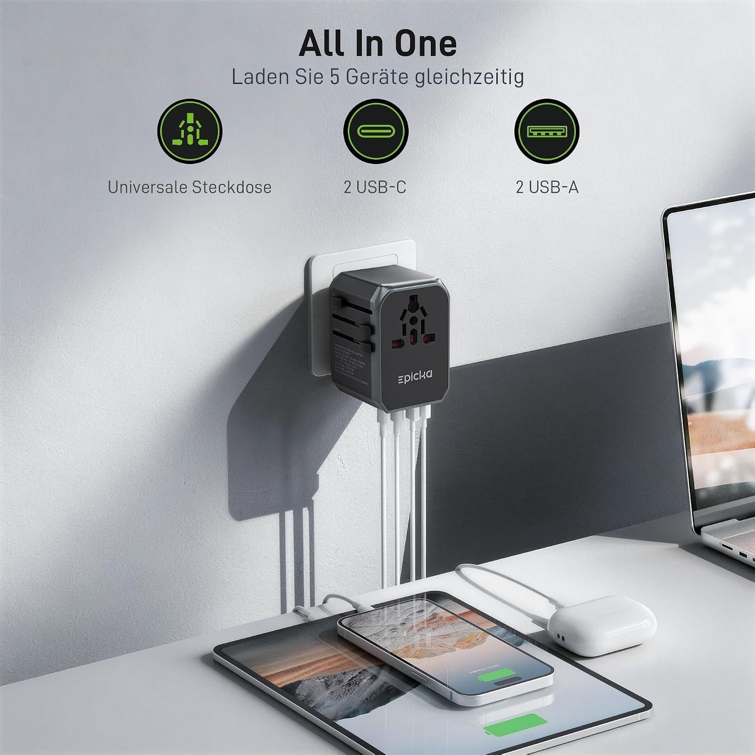 Detalle de EPICKA Reiseadapter Weltweit – Universal-Reisestecker mit 2 USB-C, 2 USB-A und AC-Dose (TA-104e)