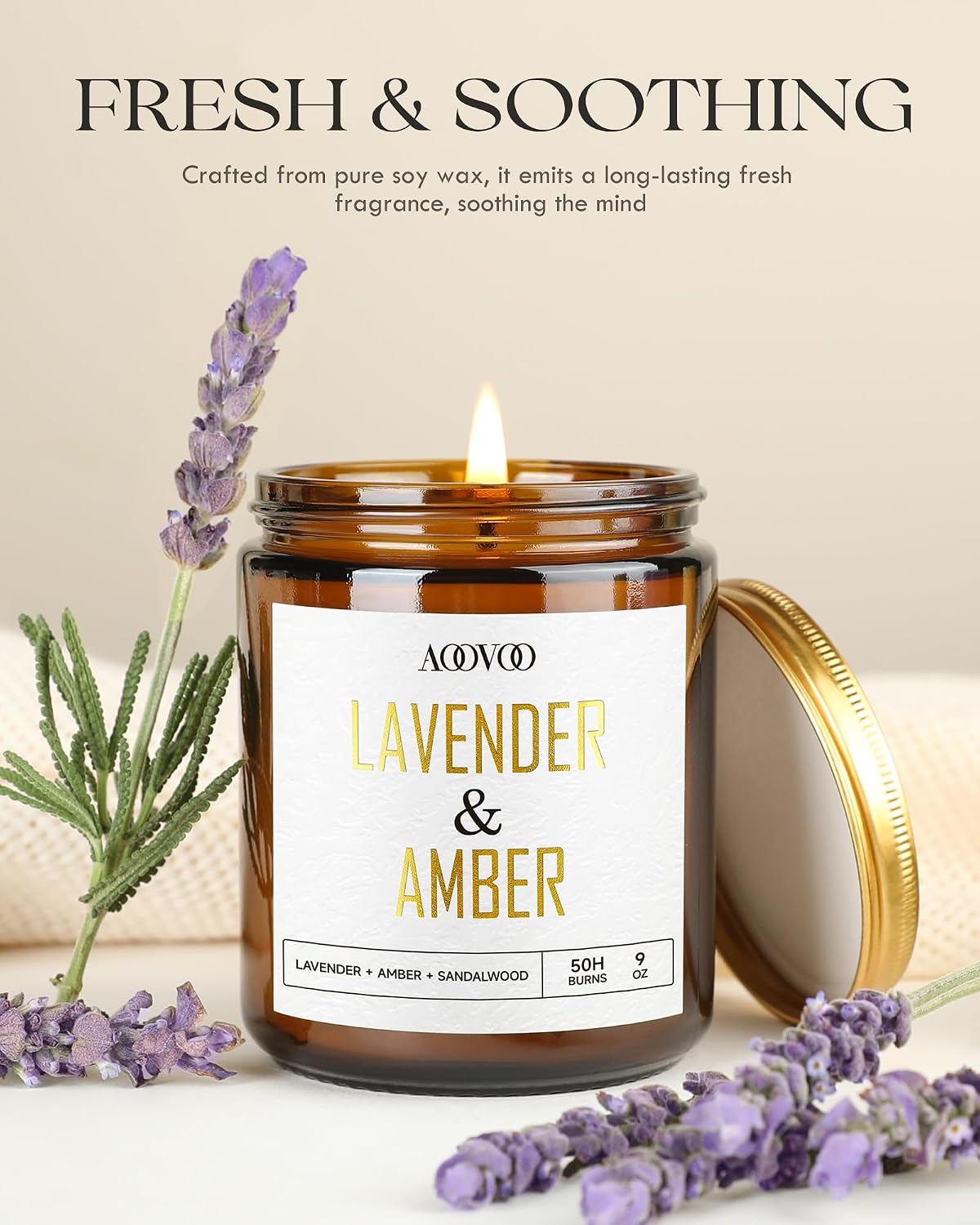 Detalle 2 de AOOVOO Lavender Amber Candles - 9 oz Scented Soy Candle for Home Ambiance