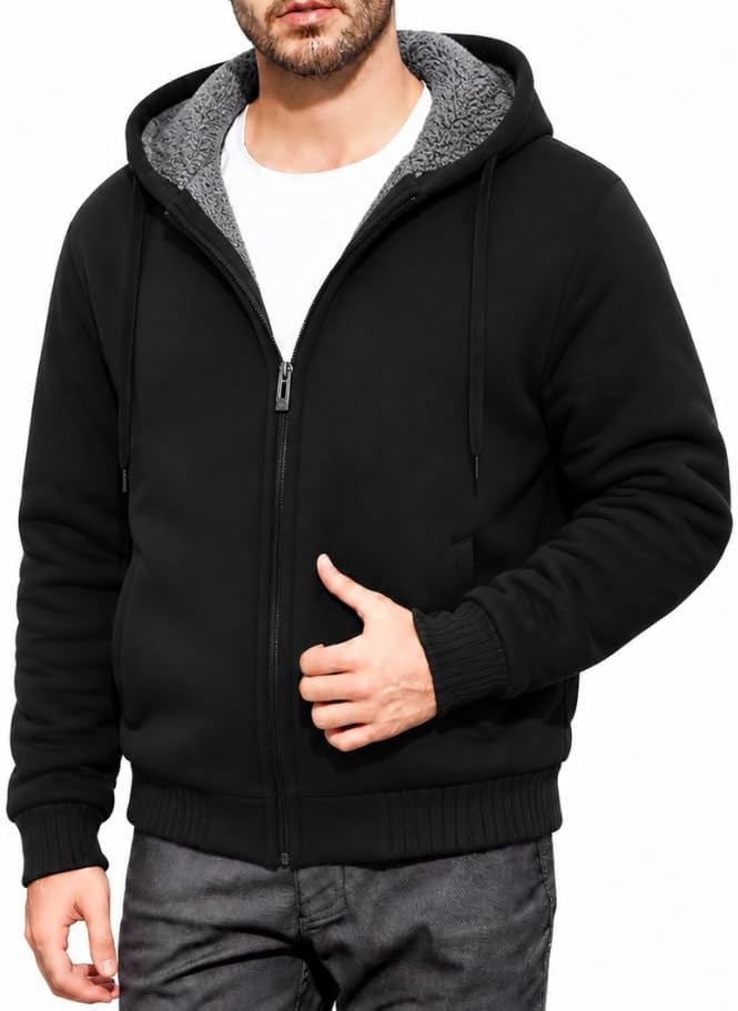Detalle de ZITY Men's Sherpa-Lined Heavyweight Zip-Up Hoodie with Adjustable Hood