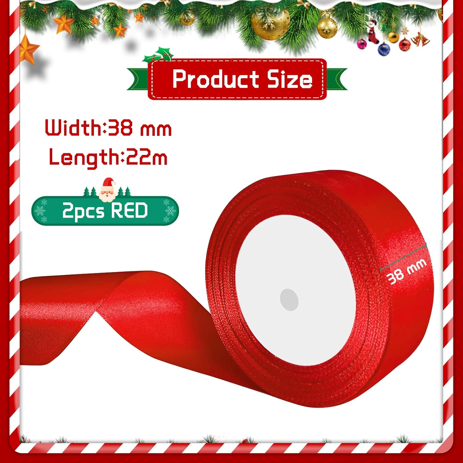 Thumbnail 1 de Lot de 2 rubans de satin rouges 38 mm x 22 m – décoration de cadeaux pour mariage, baptême et anniversaire