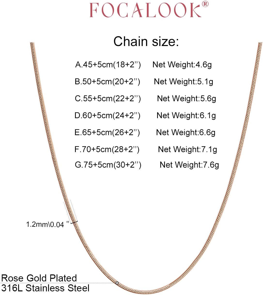 Detalle de FOCALOOK Collier Chaîne Serpent Femme Fine 1,2 mm – Acier Inoxydable, 60 cm + 5 cm d’extension, options Argent/Or/Noir/Or Rose