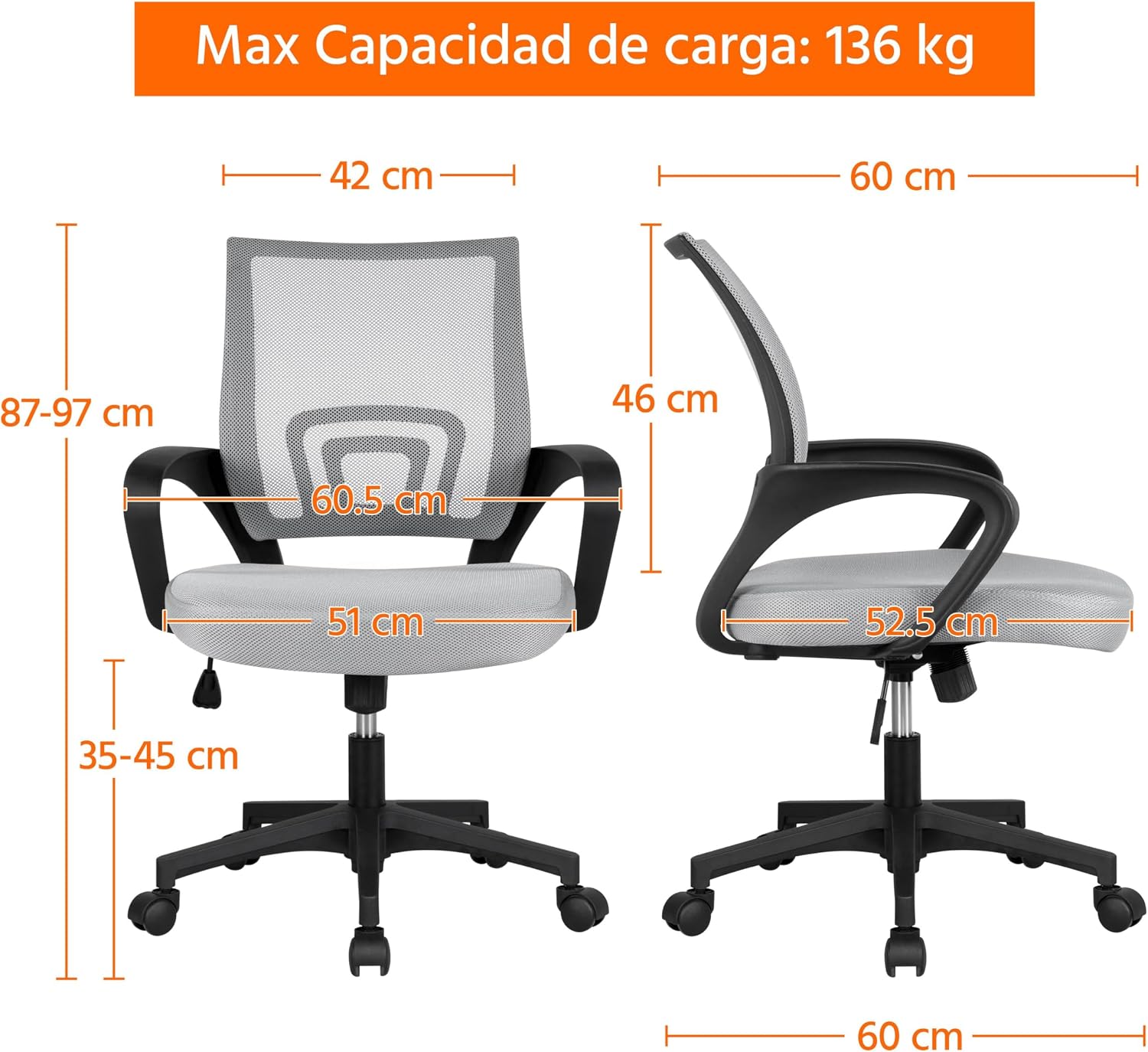 Thumbnail 2 de Yaheetech Silla Escritorio Malla Ergonómica 136 kg