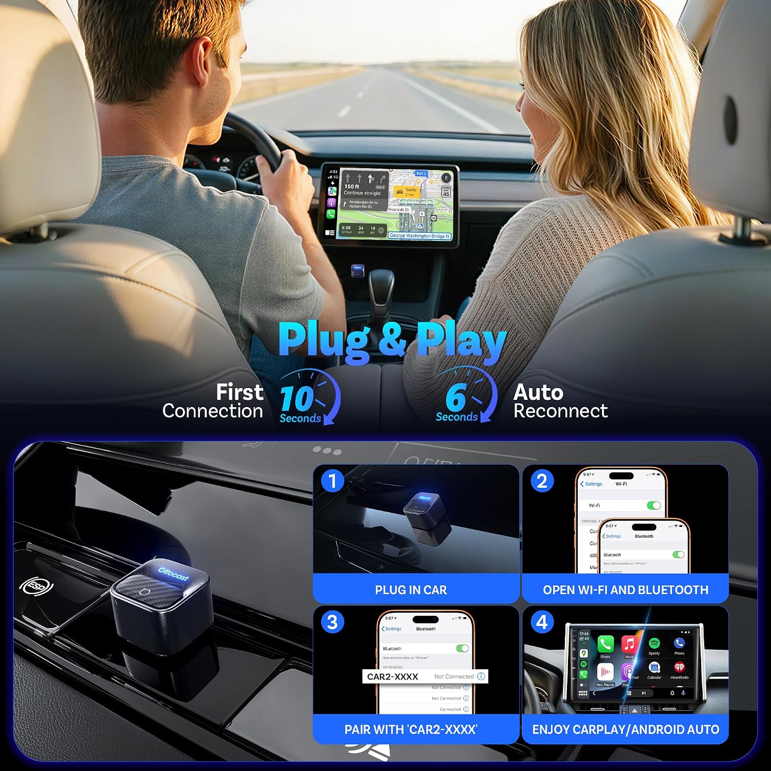 Detalle de OTTOCAST Mini Core 2-in-1 Wireless CarPlay & Android Auto Adapter Mini Cube
