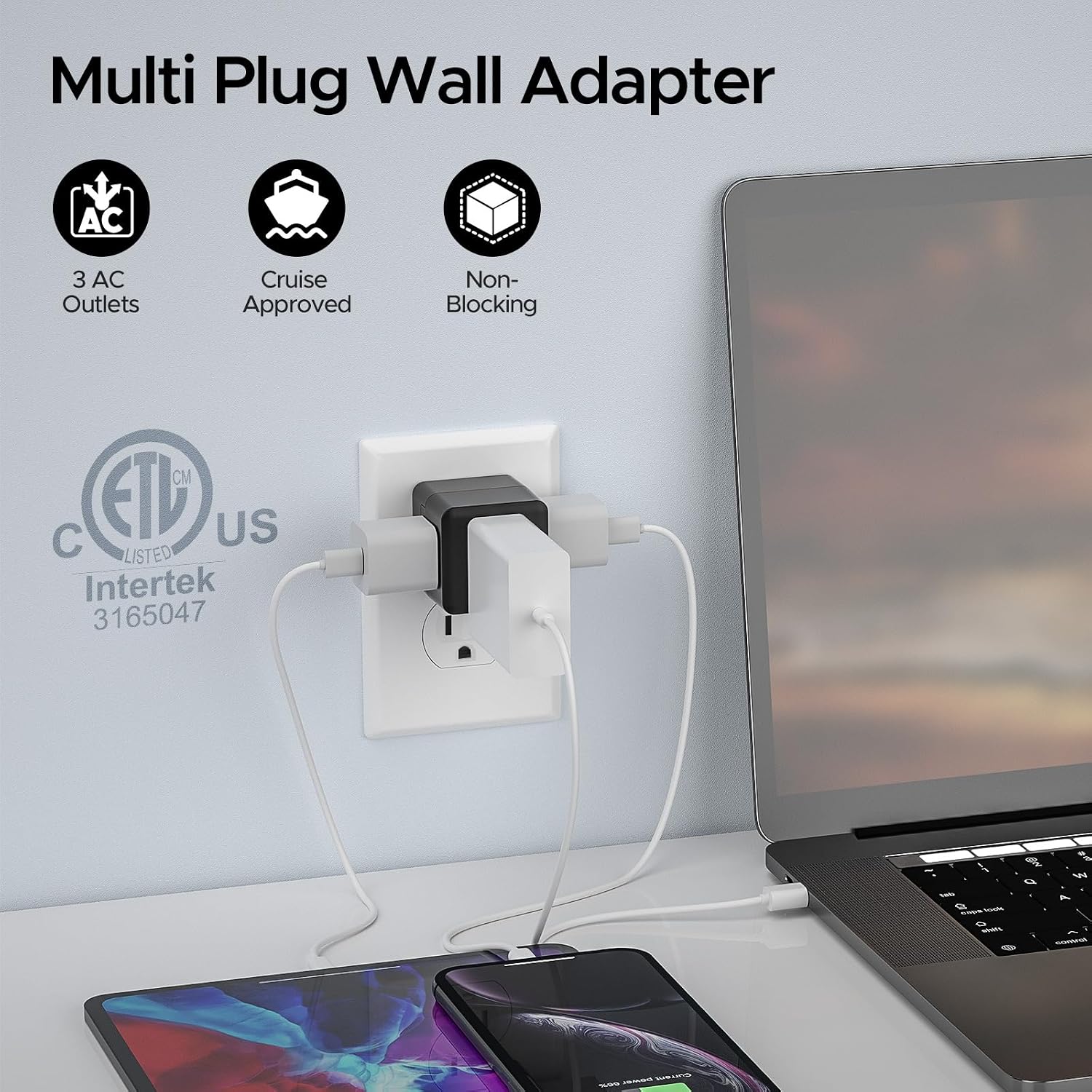Detalle de Key Power LA-21 3-Outlet Wall Adapter, 90° Grounded Cube Tap, 3-Pack