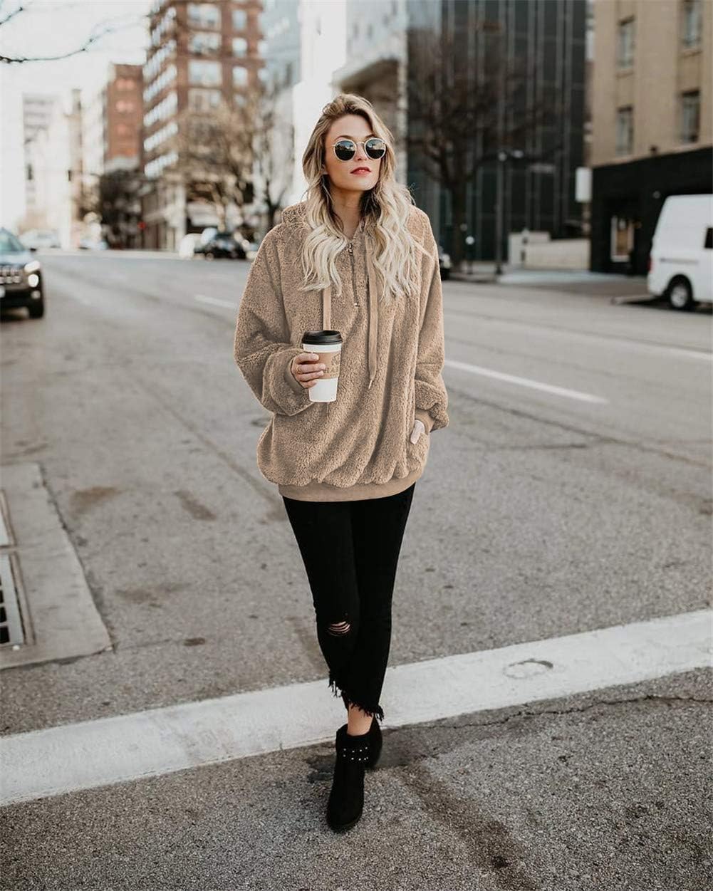 Detalle 1 de onlypuff Fuzzy Sherpa Pullover Hoodie for Women with Drawstring and Pocket