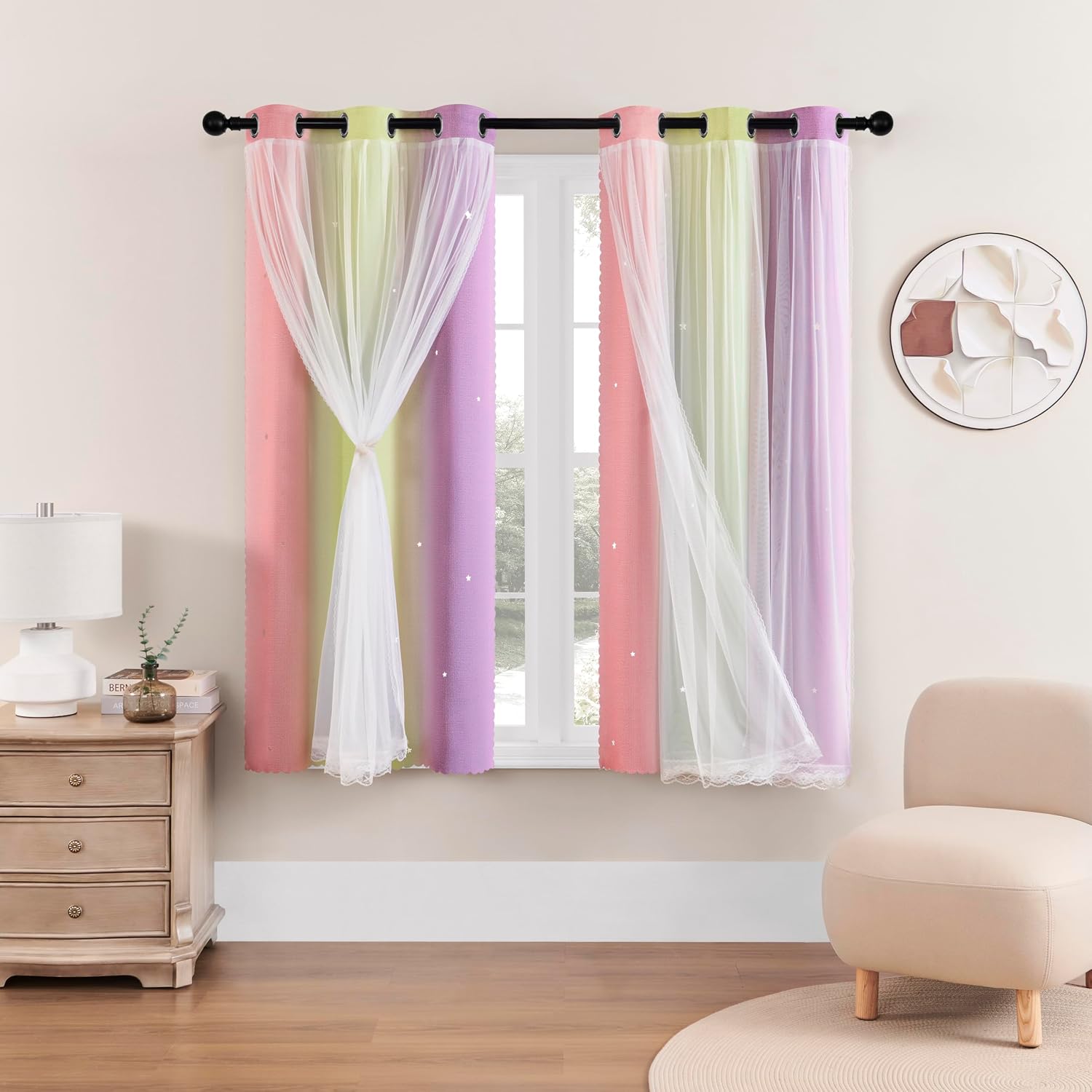 Detalle de XiDi Lichtdurchlässig Verdunkelungsgardinen Sternendesign 132 x 160 cm – Pastell-Verlauf für Mädchenzimmer