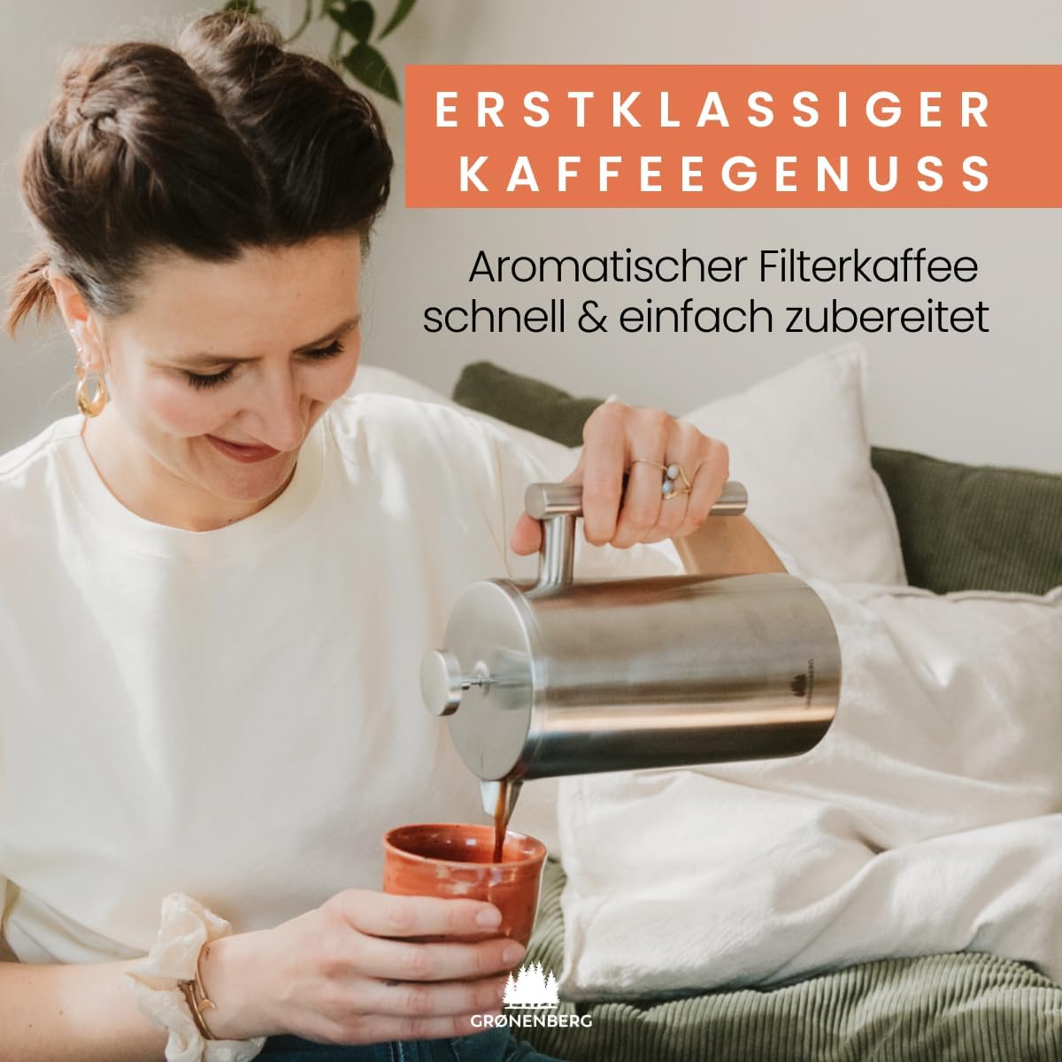 Detalle 2 de Grønenberg French Press Thermo mit Warmhalte-Funktion aus Edelstahl – Kaffeebereiter in 3 Größen