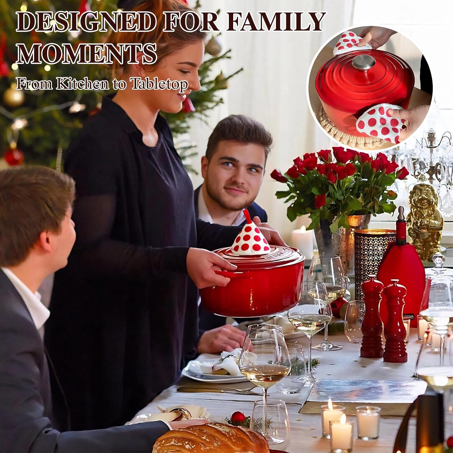 Detalle de Umite Chef 5QT Enameled Cast Iron Dutch Oven with Lid & Cotton Potholders (Red)