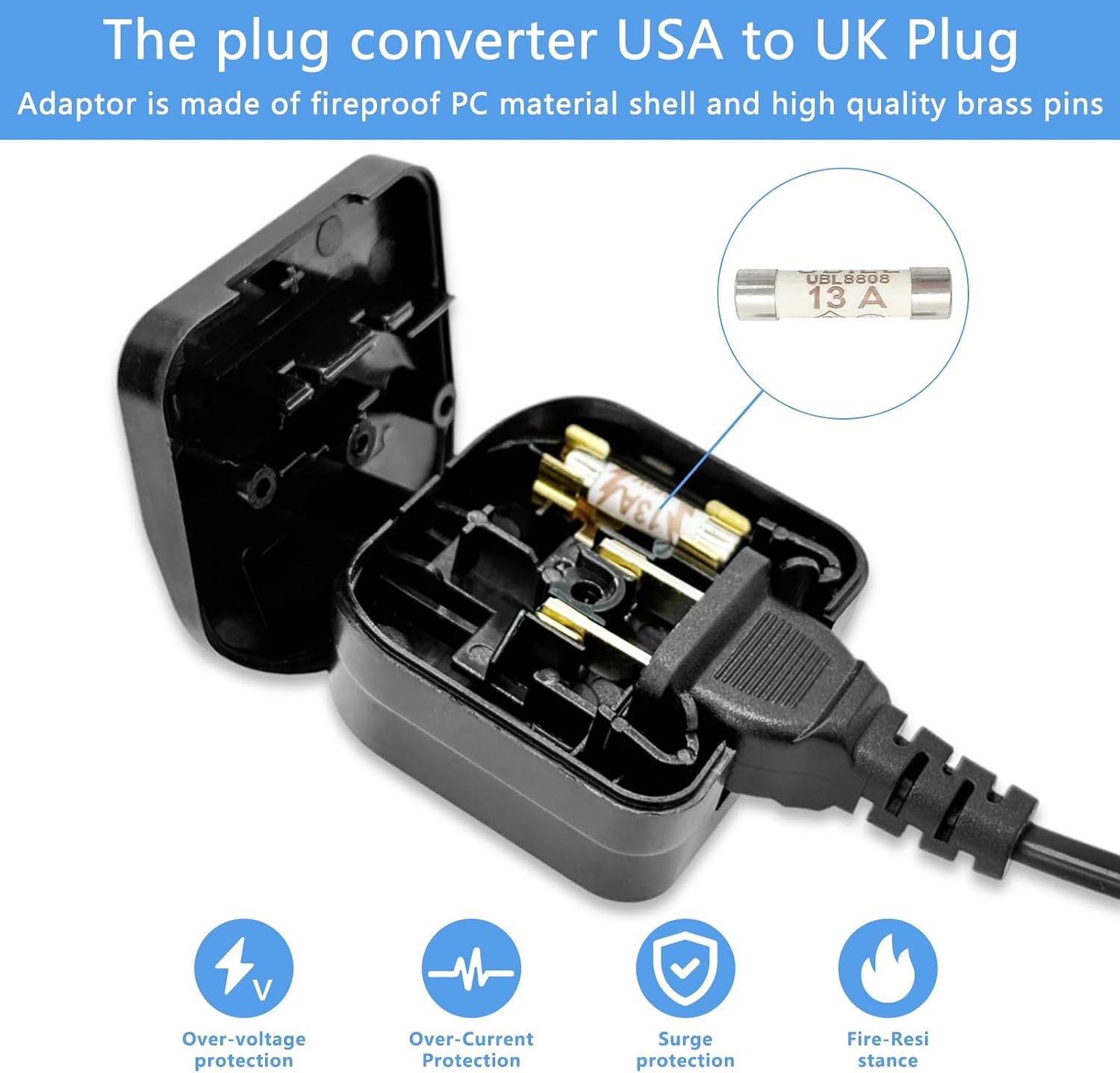 Detalle de US to UK Plug Adapter with Screwdriver (13A) – Safe Fuse UK Converter for Type A USA/China/Japan to UK