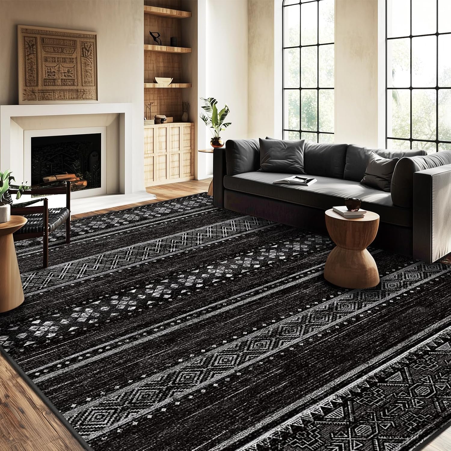 Detalle de BESTSWEETIE 8x10 Geometry Series Area Rug – Black/White Non-Slip, Washable for Living Room