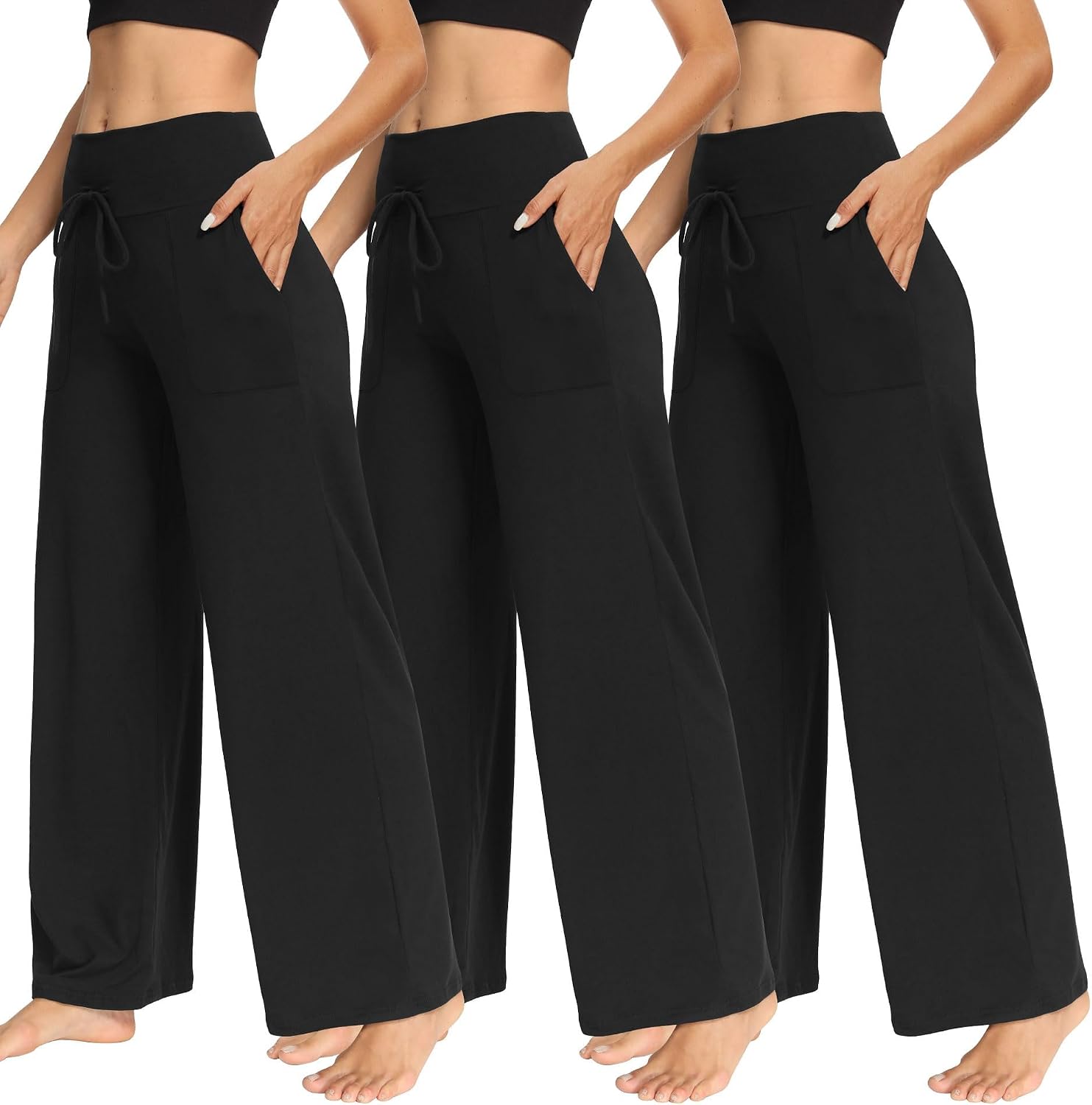 Detalle de TNNZEET 3-Pack Women's Wide-Leg Pants with Pockets and Drawstring Waist