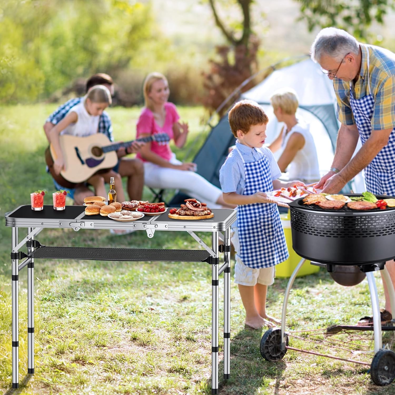 Detalle 2 de Anbte Folding Camping Table (Aluminium) with Storage Net, 3 adjustable heights
