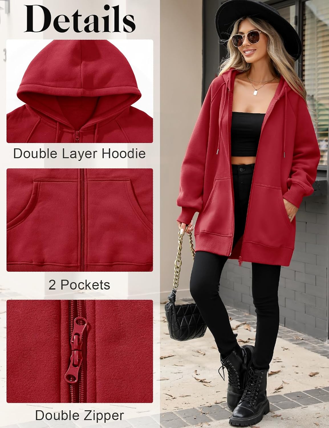Detalle 2 de Vancavoo felpa donna con zip e cappuccio, giacca in cotone con manica lunga