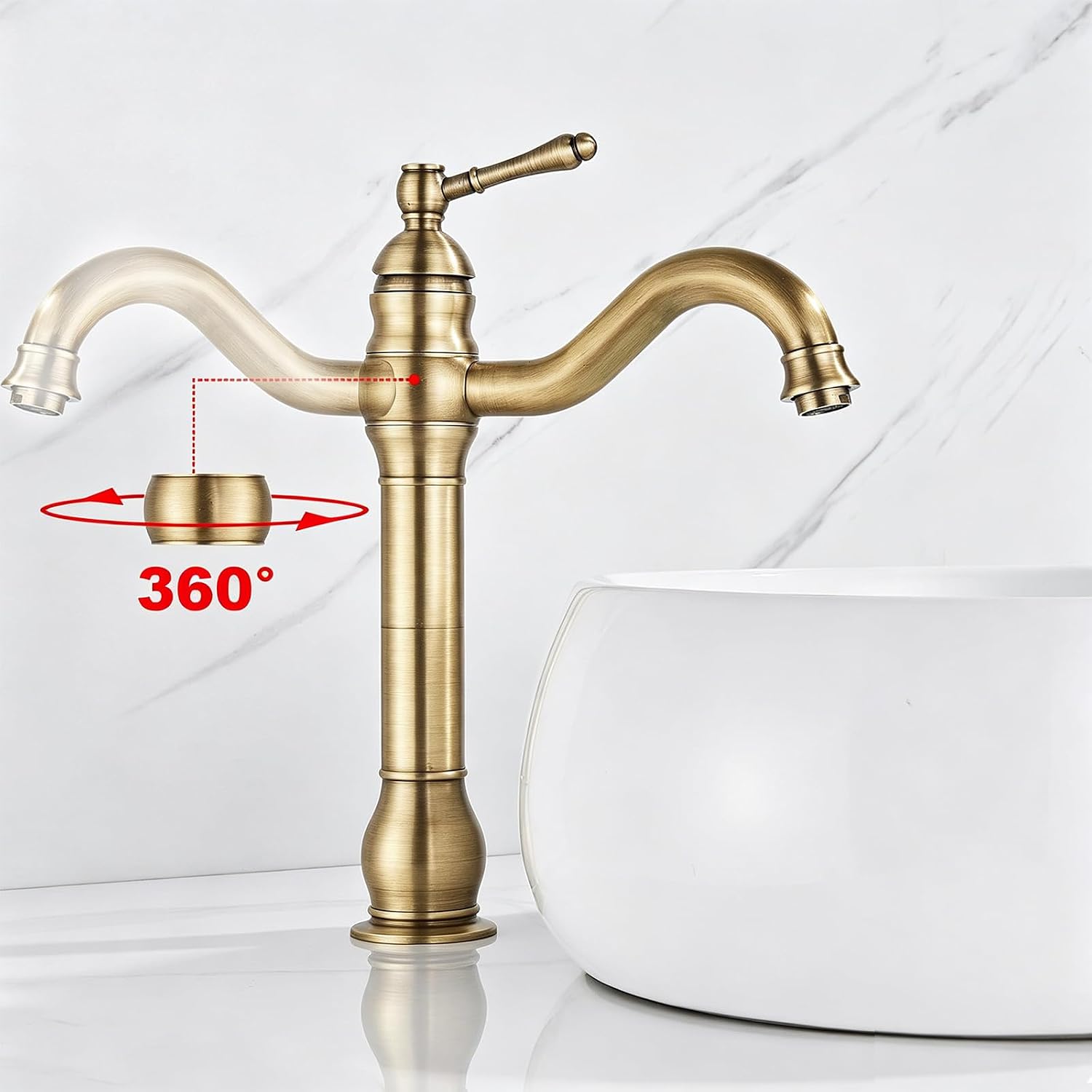 Detalle de Rozin Antique Brass Bathroom Sink Tap – Single Handle, 360° Rotable Spout, Deck Mounted Mixer