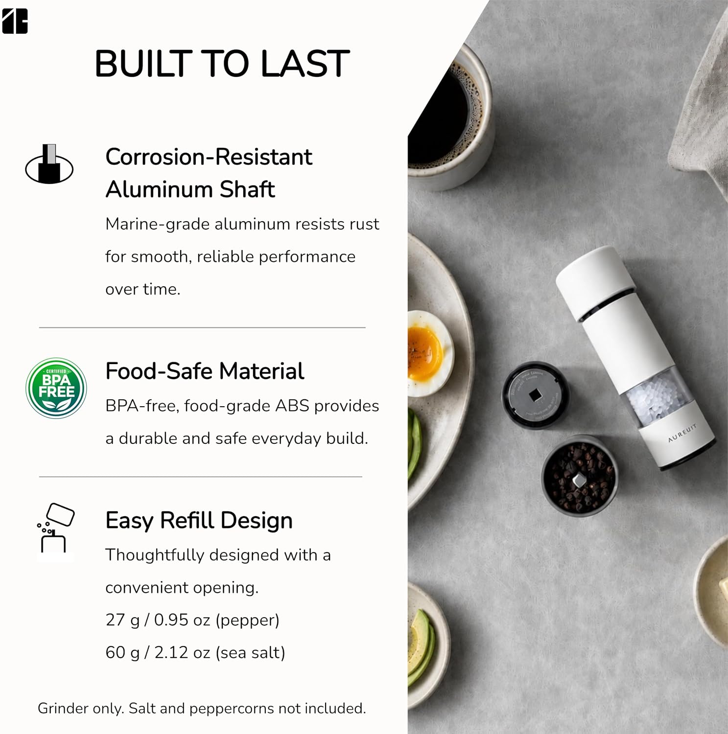 Detalle 2 de Aurevit PM605 Salt and Pepper Grinder Set, Manual and Adjustable, Black & White