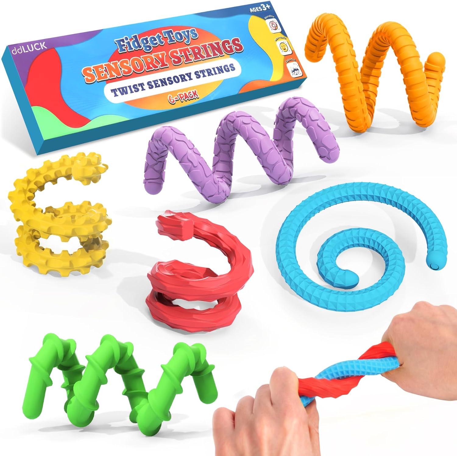 ddLUCK Fidget Toys Silicone Sensory Sticks (Textured Calming Sticks) — 6 Pack for Kids 3+ & Adults