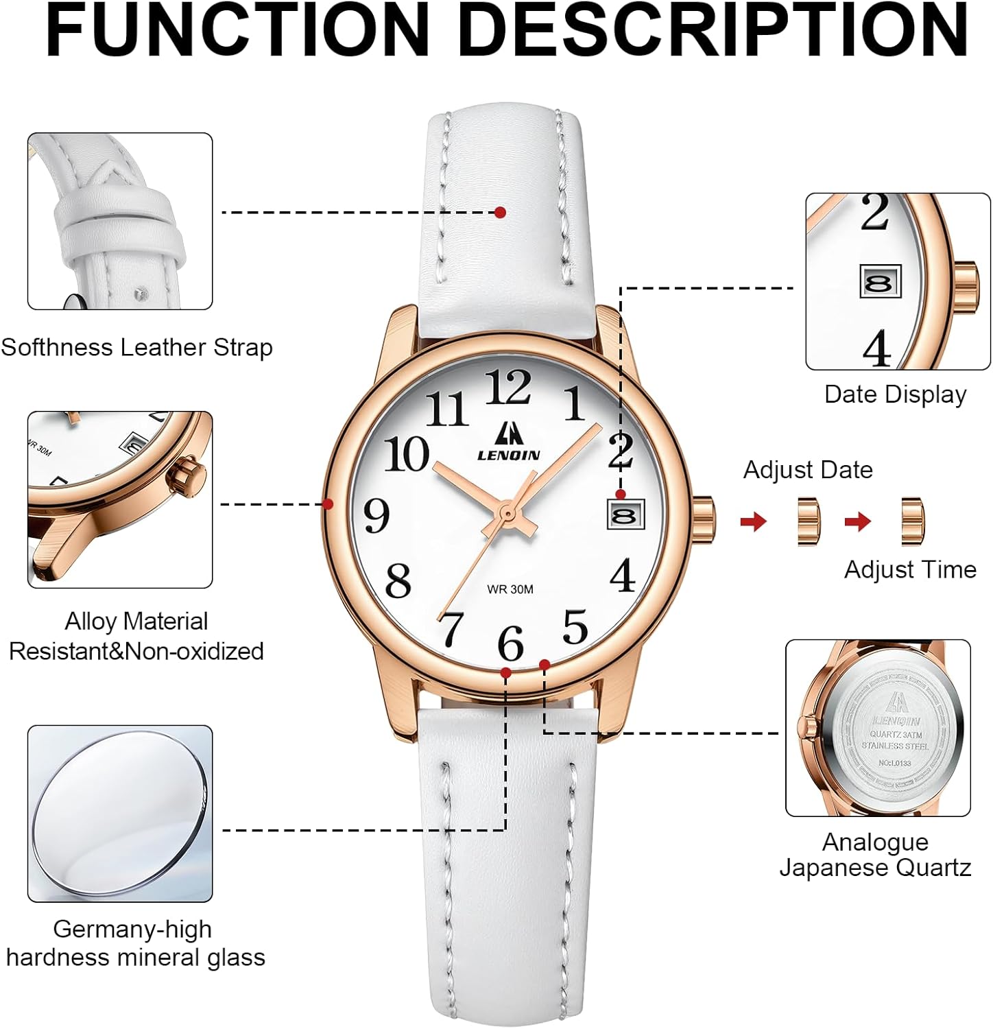 Thumbnail 6 de LENQIN Damenuhr Lederband Großziffern Uhr