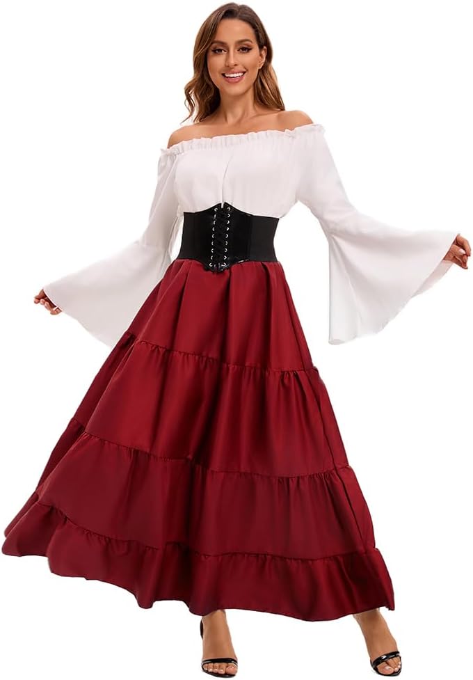 Thumbnail 4 de Feynman Robe médiévale rétro pour femme à manches trompette – robe maxi velours pour carnaval, Halloween et fêtes
