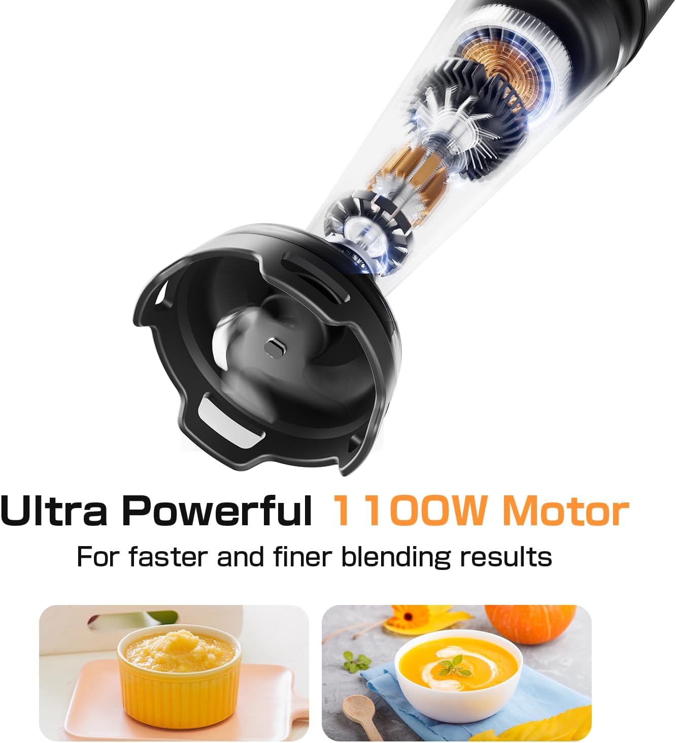 Detalle de Turelar Immersion Blender Handheld 1100W – 3-in-1 Set with Trigger Speed Control, Whisk, and Milk Frother