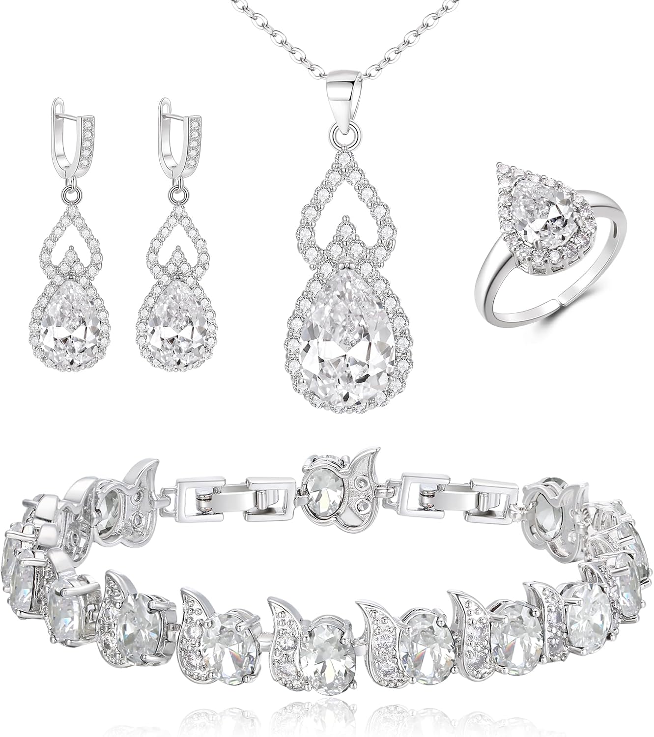 Thumbnail 6 de Ensemble Clearine Parure Bijoux Mariage en Argent Noir Rose – Goutte d'eau et Zircone Cubique, 4 pièces