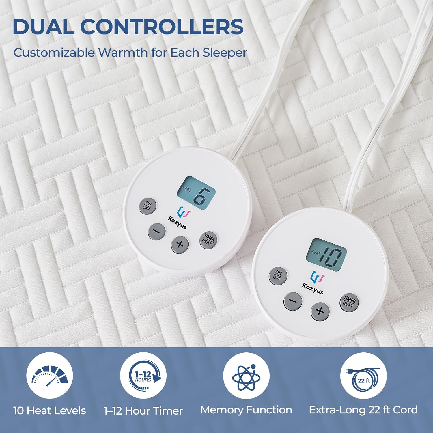 Detalle de Kozyus KOQUWA6080 Queen Heated Mattress Pad, Waterproof, Dual Control
