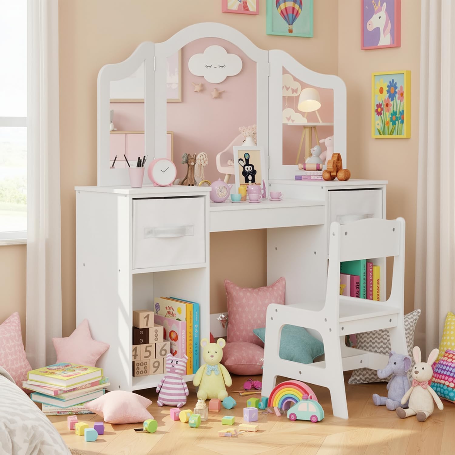 Clevich Kids Vanity Table and Chair Set: 2-in-1 Princess Vanity with Removable Mirror