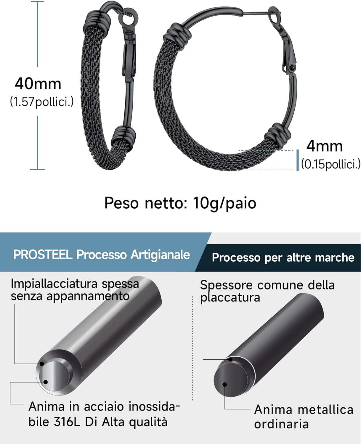 Thumbnail 5 de PROSTEEL orecchini a cerchio larghi in acciaio inox 316L nero da 40 mm con confezione regalo