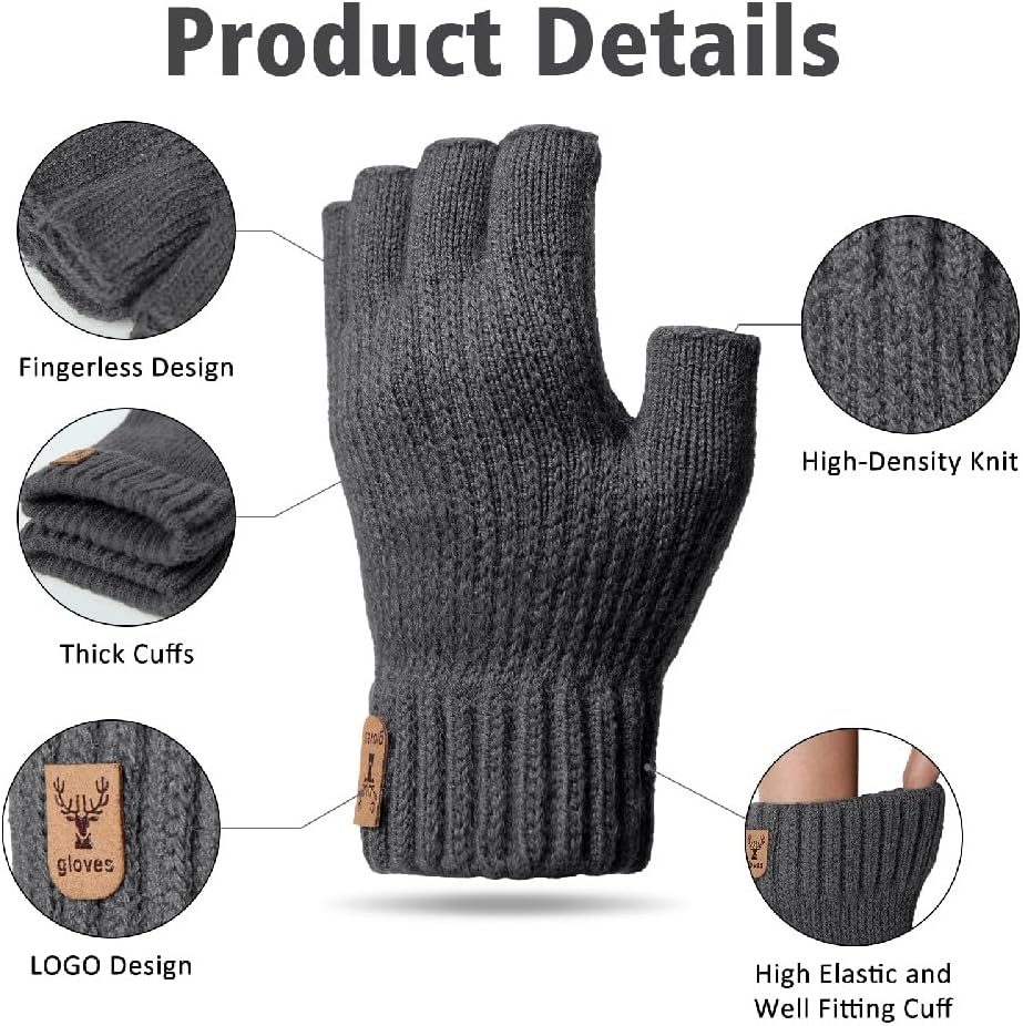 Detalle de Kfnire Mitaines hiver homme (2 paires) demi-doigts chaudes et douces pour conduite, cyclisme et extérieur