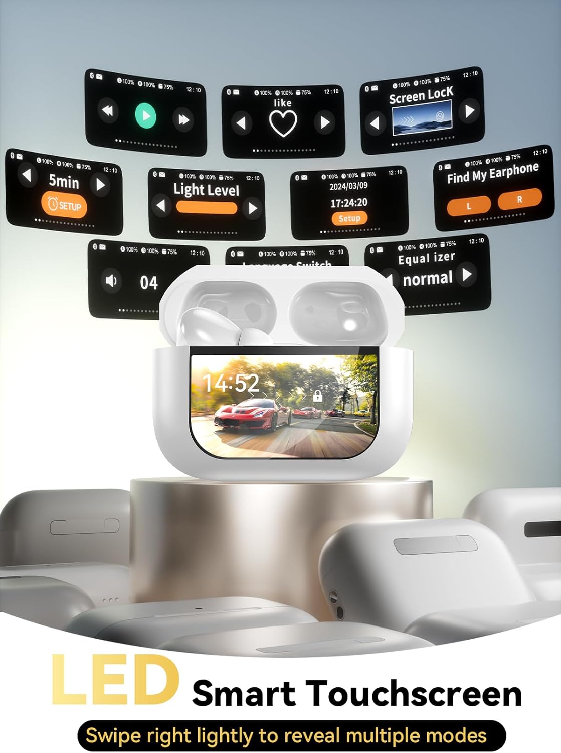 Thumbnail 1 de ZZU Wireless Earbuds (Bluetooth 5.4) with Smart Touch Screen Charging Case, ENC Noise Cancelling, 48H Playtime – White