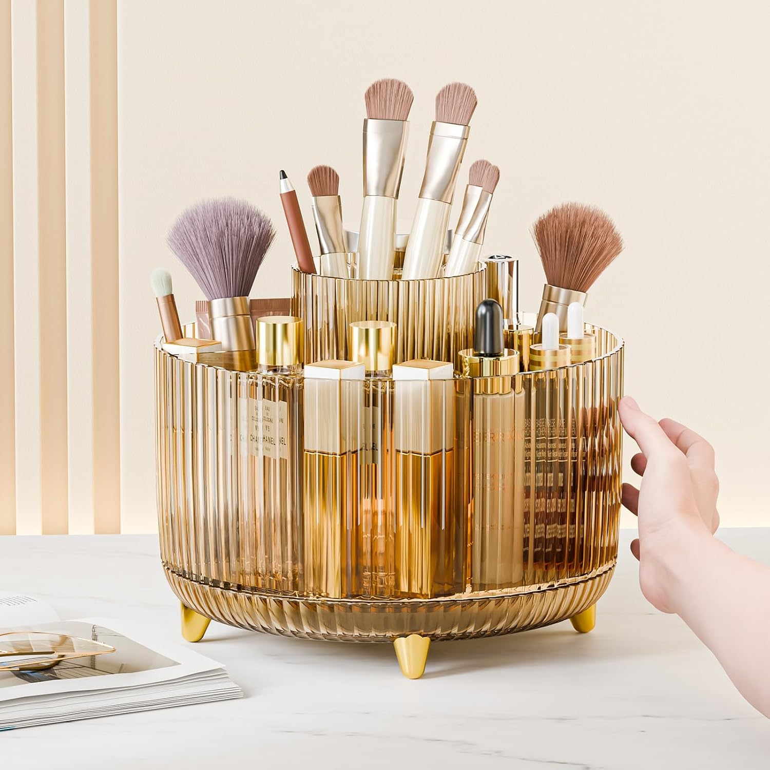 Thumbnail 4 de fanado 360° drehbarer Make-up-Organizer mit 5 Fächern (klarer Bernstein)