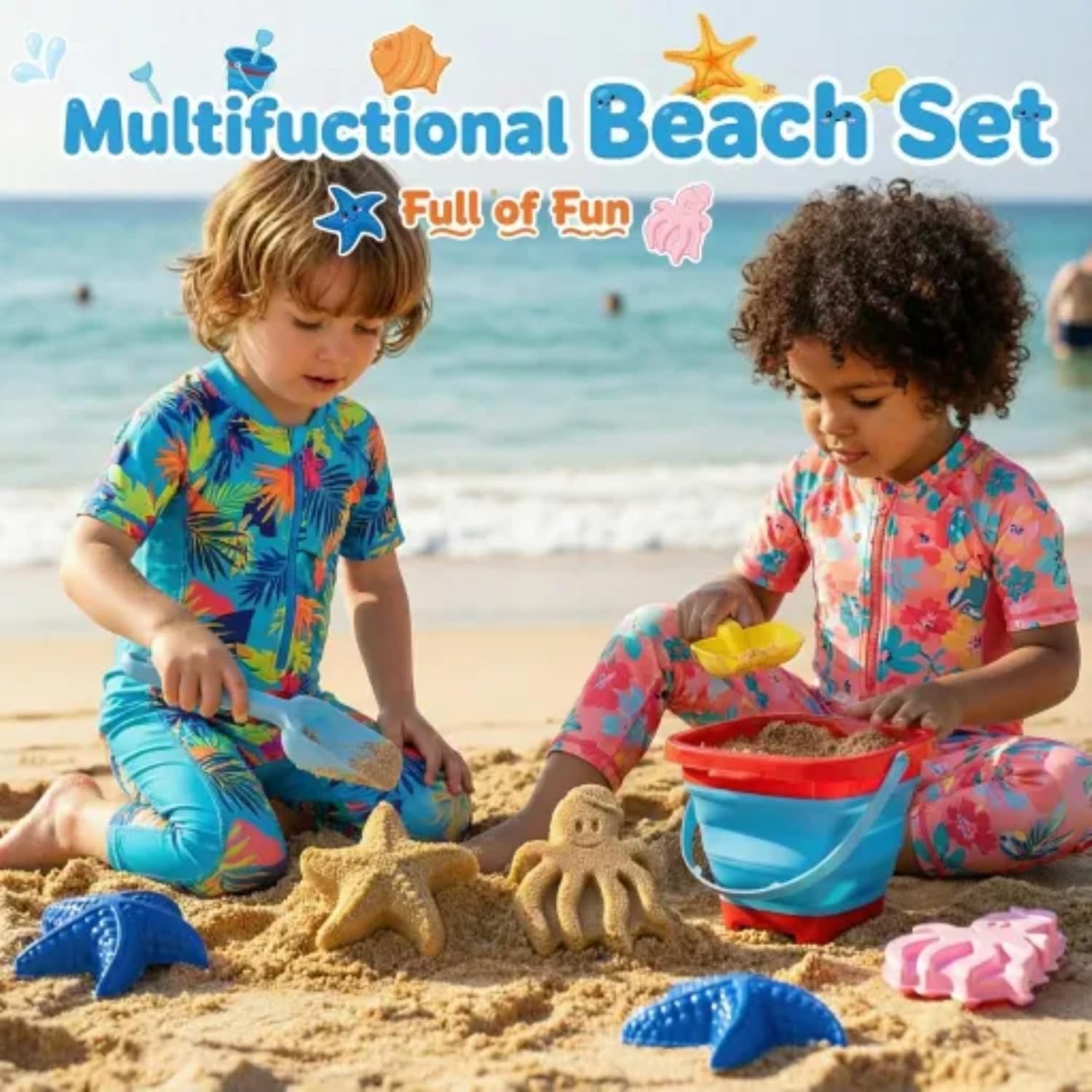 Detalle de Beach Toy Set for Children with Collapsible Sand Bucket, Shovel, Rake, Moulds & Mesh Storage Bag (Ages 3–10)