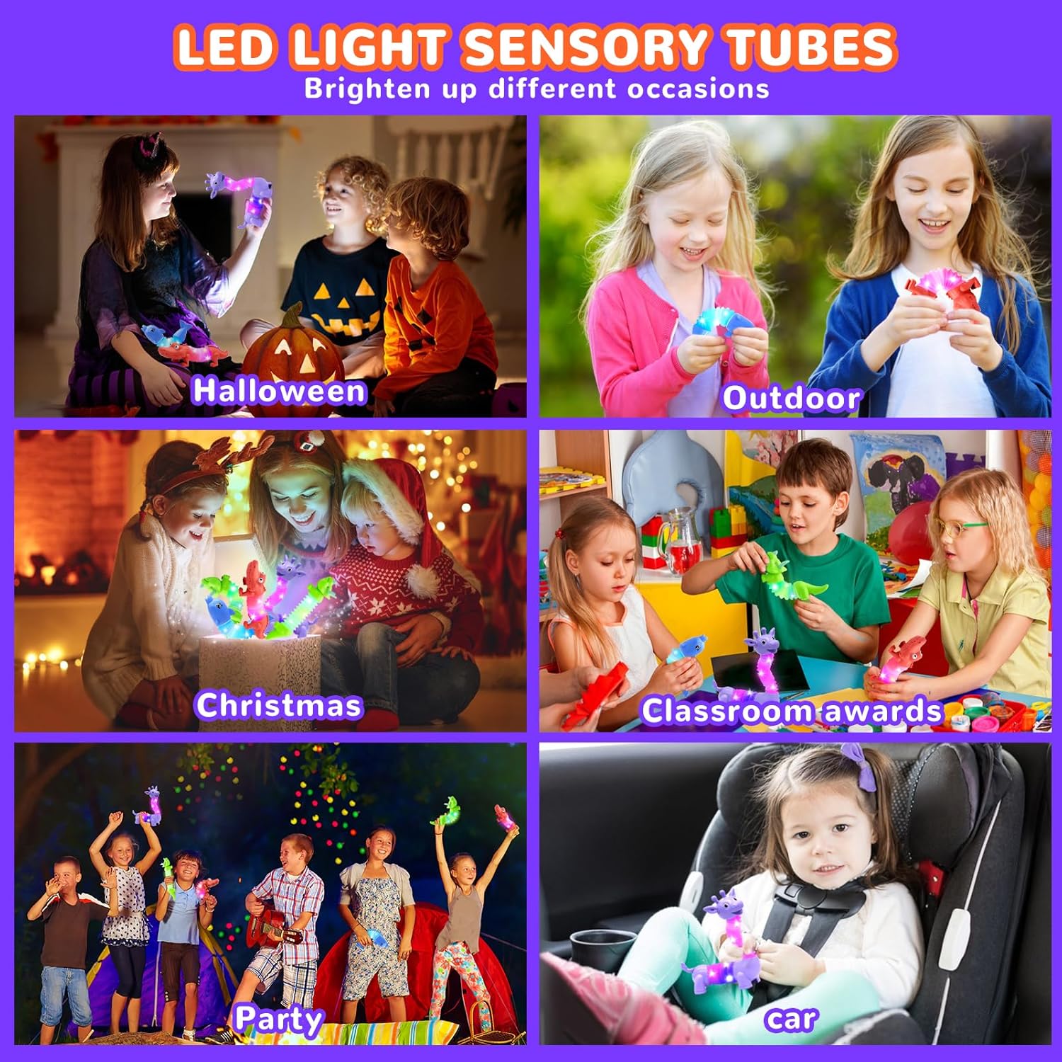 Detalle 2 de DELEE Pop Tubes Animal Toy (4-pack) with LED lights – stress relief stretch tube animals