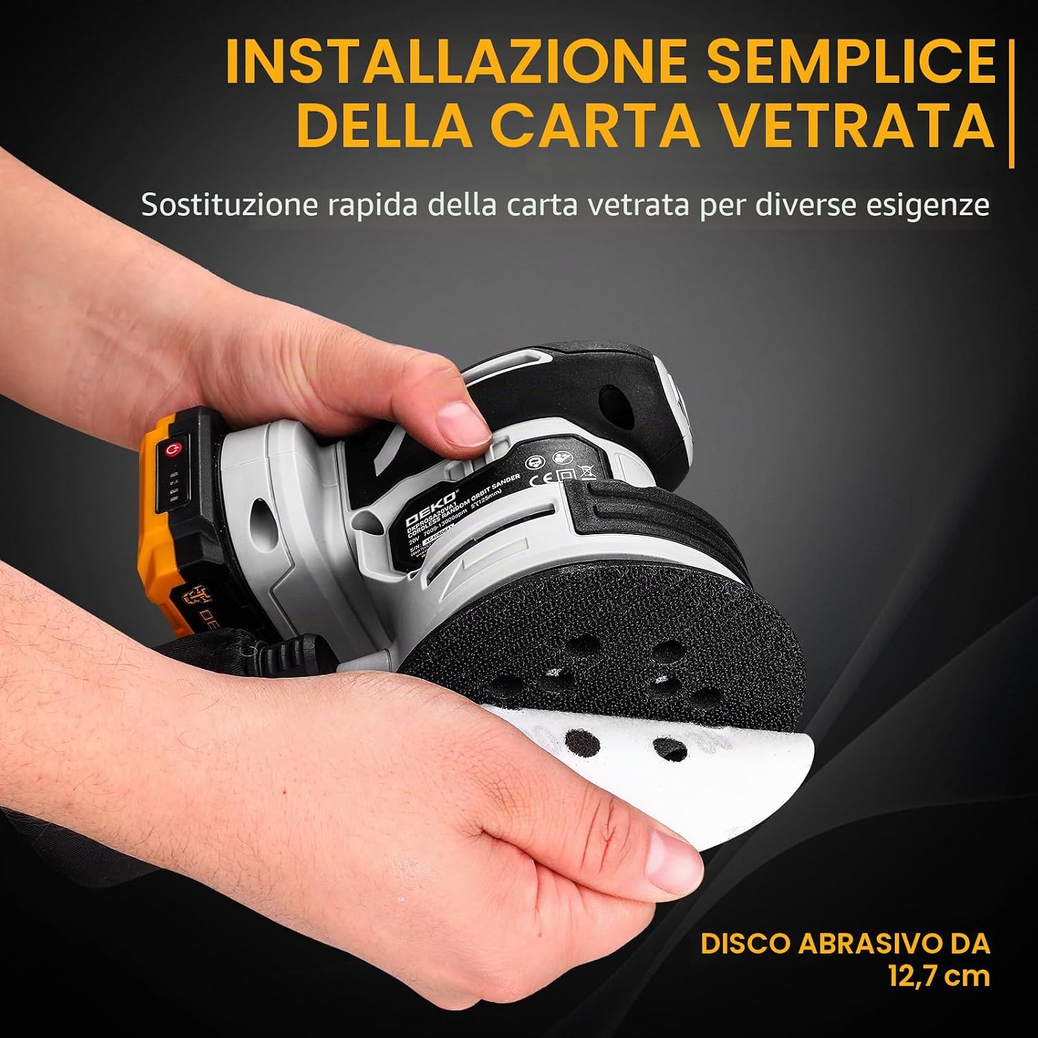 Thumbnail 4 de DEKOPRO Levigatrice Orbitale a Batteria 125 mm con 15 Fogli e Accessori