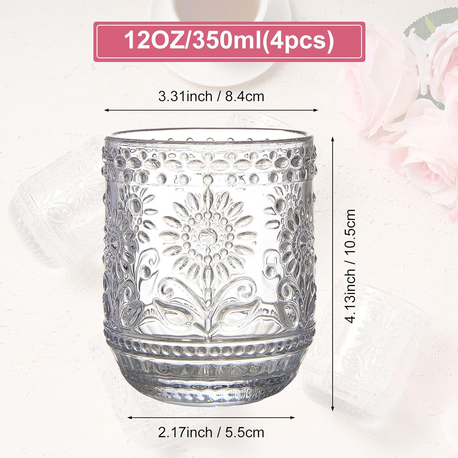 Detalle de MYQYBRO Vintage Glassware: 4-Pack 12oz Embossed Floral Drinking Glasses