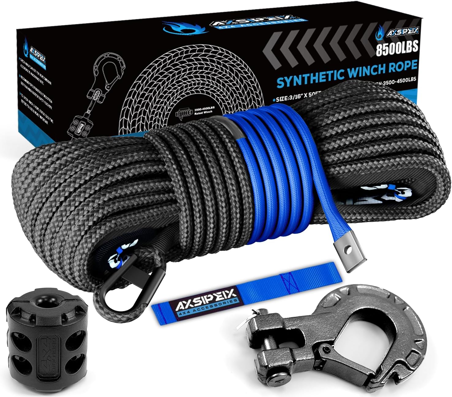 Thumbnail 6 de Synthetic Winch Rope Kit (1/4 in x 50 ft) with 10,000 lb Break Strength, Blue UHMWPE Rope & Protective Sleeve