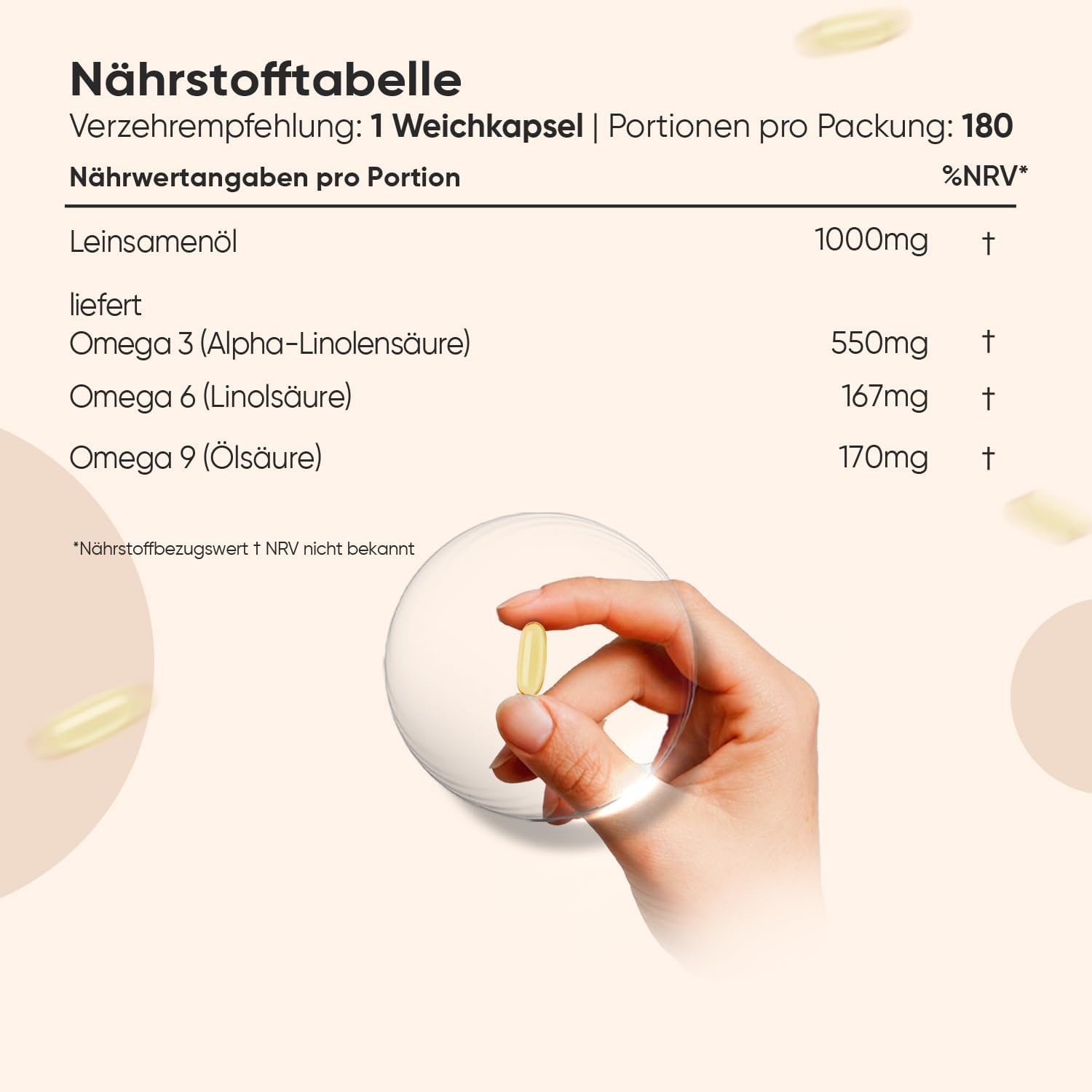 Detalle de Omega 3-6-9 Vegan Weichkapseln aus Leinsamenöl – 180 Stück, 1000 mg pro Kapsel