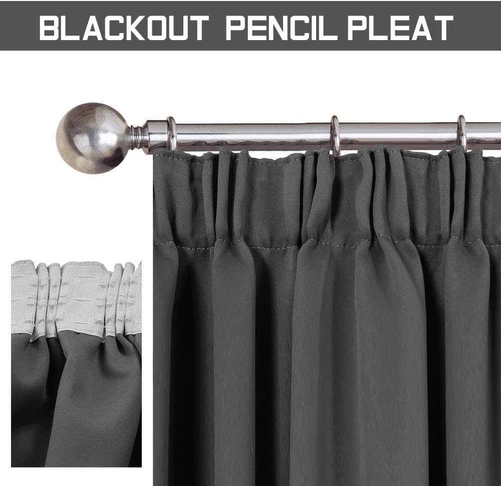 Detalle 2 de Aspire Homeware Grey Blackout Pencil Pleat Curtains (2 Panels) – 66x54 inch, thermal insulated with tiebacks
