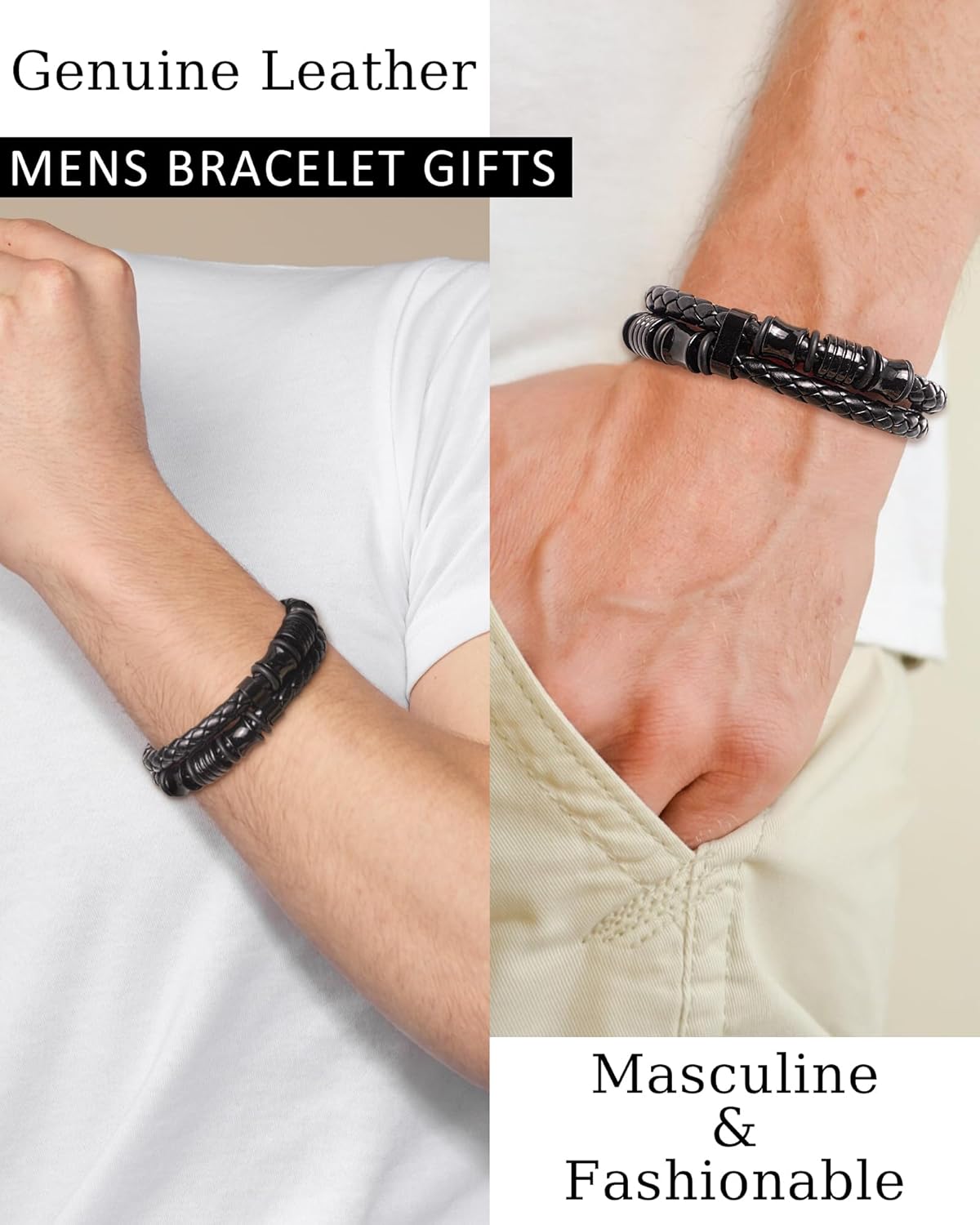 Detalle 2 de TOLOWOBK Mens Leather Bracelet with Initial A–Z – Black Braided Double Layer, Hypoallergenic Magnetic Clasp