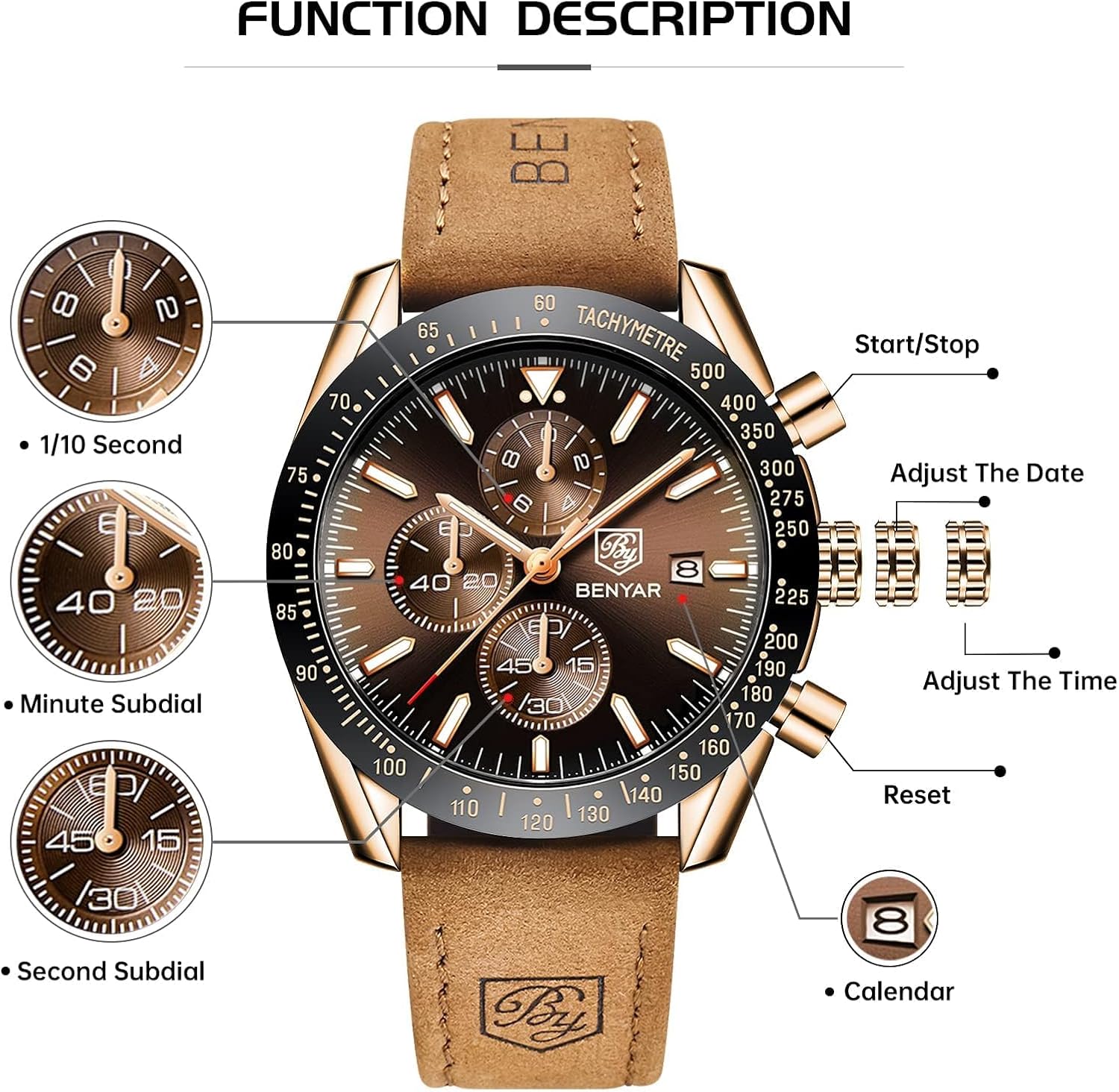 Detalle 2 de BENYAR BY-5140 Men's Analogue Quartz Chronograph Watch with Brown Leather Strap