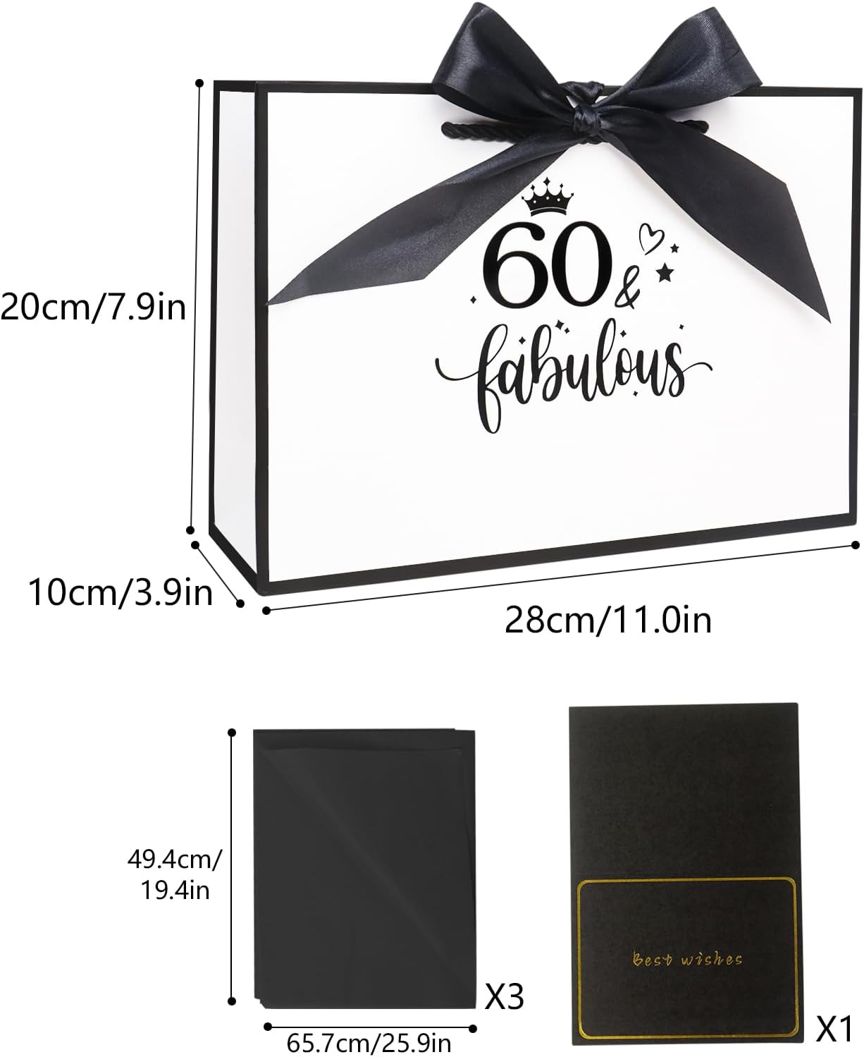 Detalle de 11.0× 8.0× 4.0 Inches 60th Birthday Gift Bag for Women – White Paper Gift Bag with Tissue Paper and Card