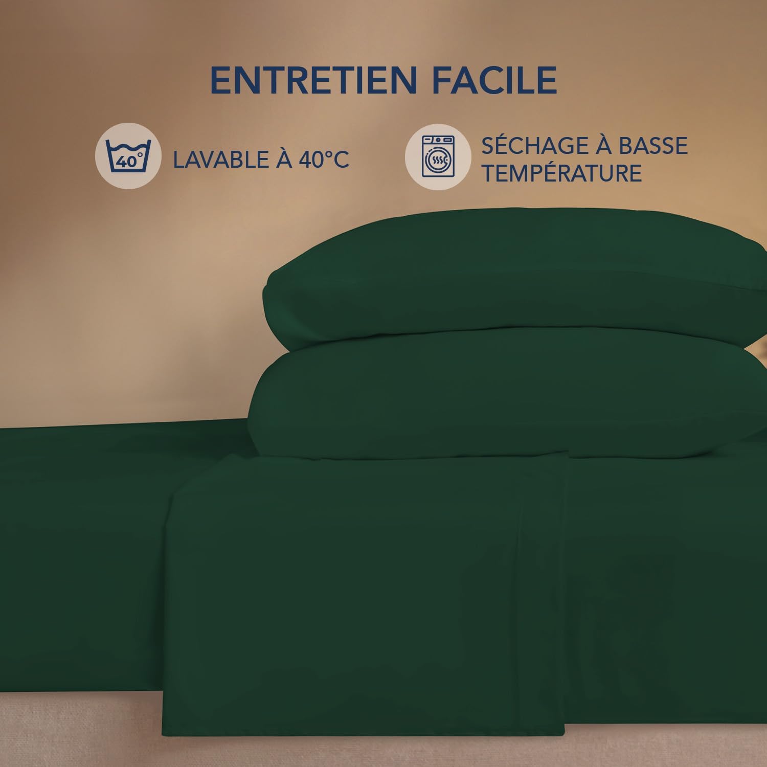 Detalle de Dreamzie Parure de lit 160x200 cm en microfibre (4 pièces) vert – drap housse, drap plat et taies 50x80, certifié Oeko-Tex