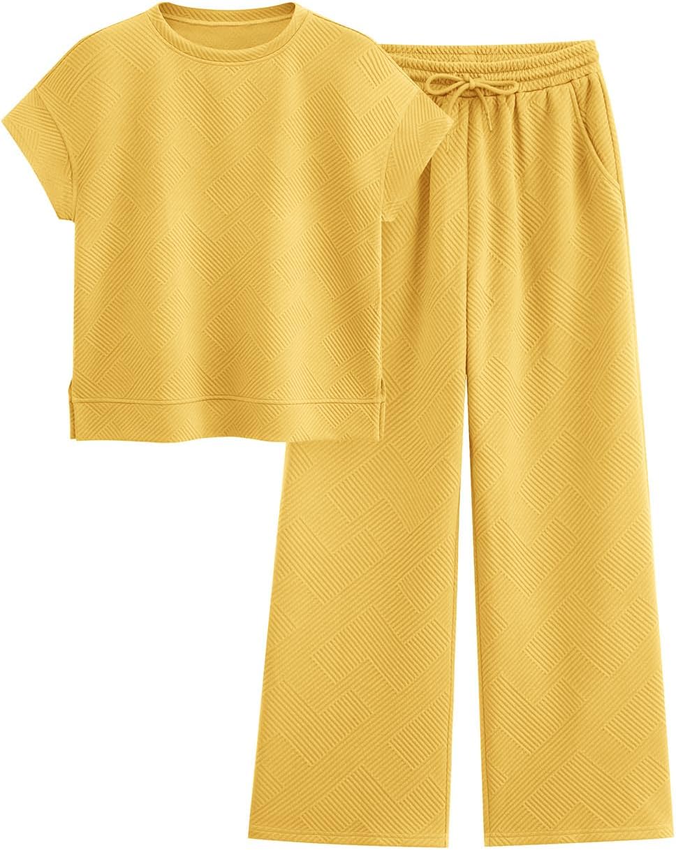 Detalle de PRETTYGARDEN 2 Piece Women’s Casual Tracksuit Set: Short Sleeve Top + Wide-Leg Pants
