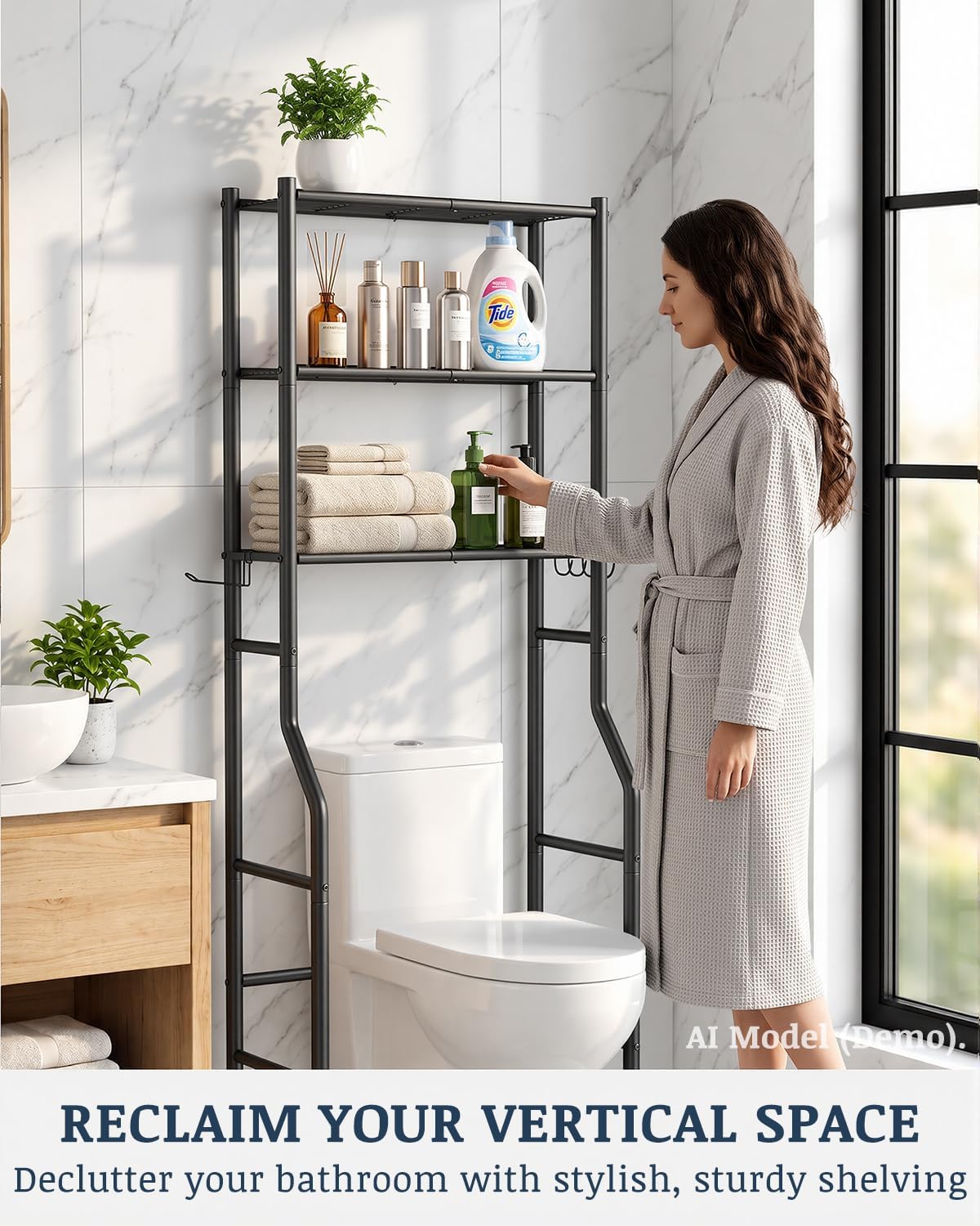 Detalle de GloTika OT3-Black 3-Tier Over-Toilet Storage Shelf, Black Carbon Steel