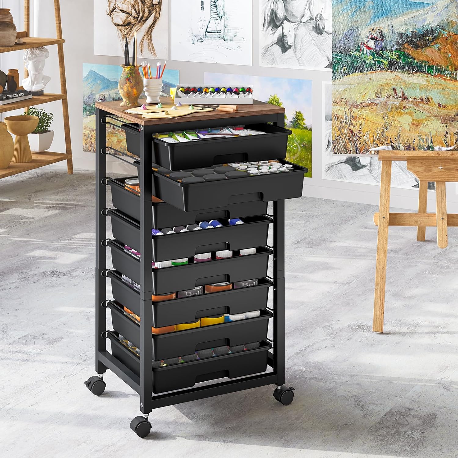 Detalle 2 de SYKIARIOL 1250-BLACK Rolling Storage Cart with 8 Drawers and Wooden Tabletop