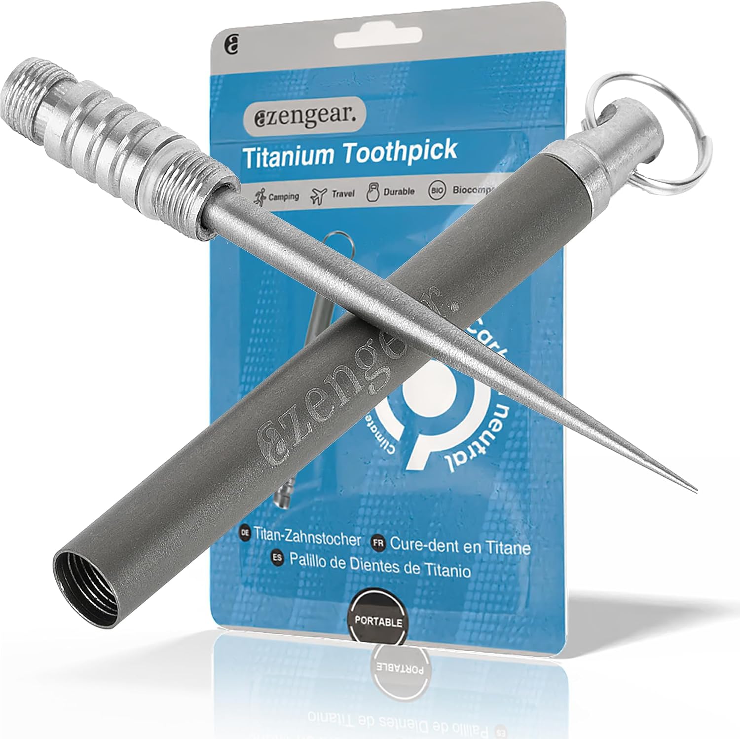 Detalle de aZengear Titan-Zahnstocher mit Schlüsselring – kompakt, langlebig und vielseitig