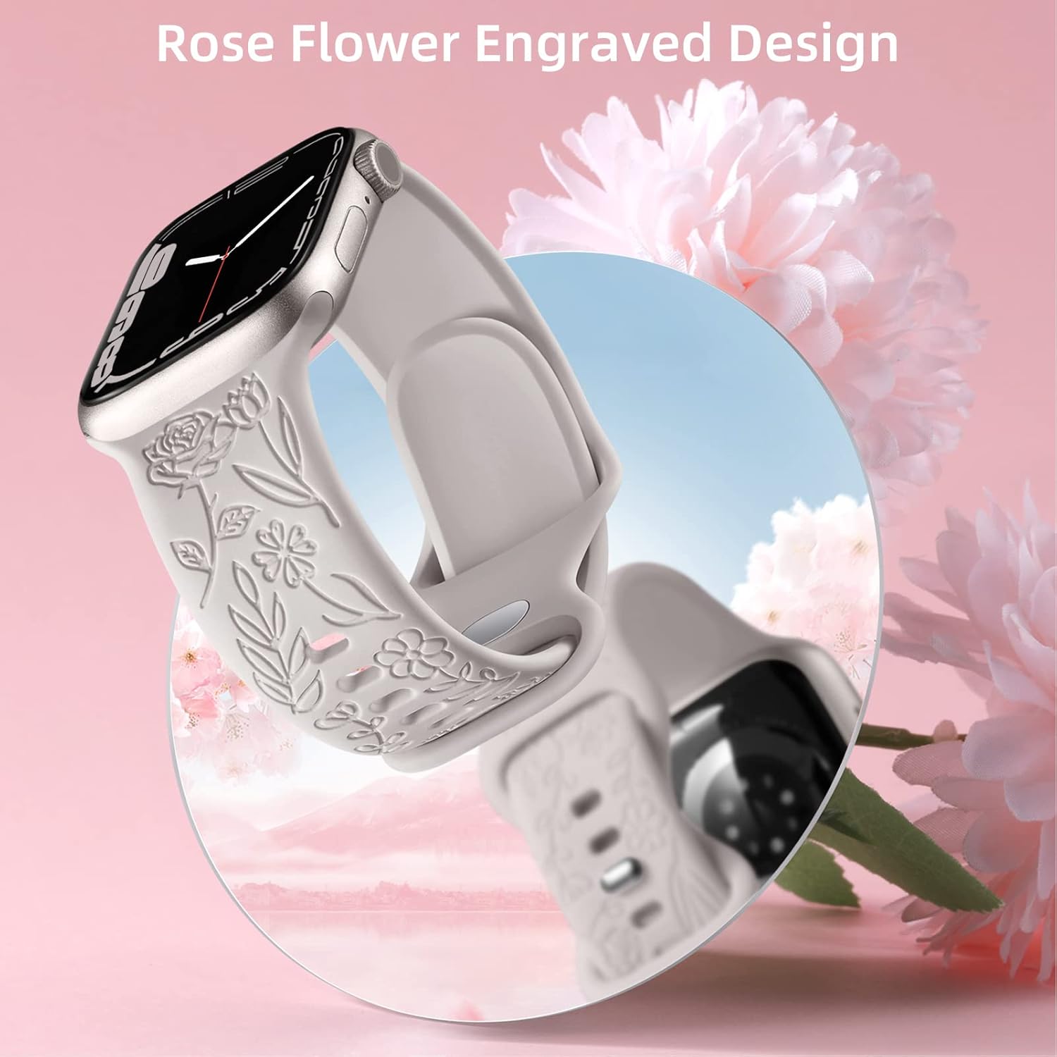 Detalle de Mastten Floral Engraved Silicone Strap for Apple Watch (44–49mm): Rose Garden Style
