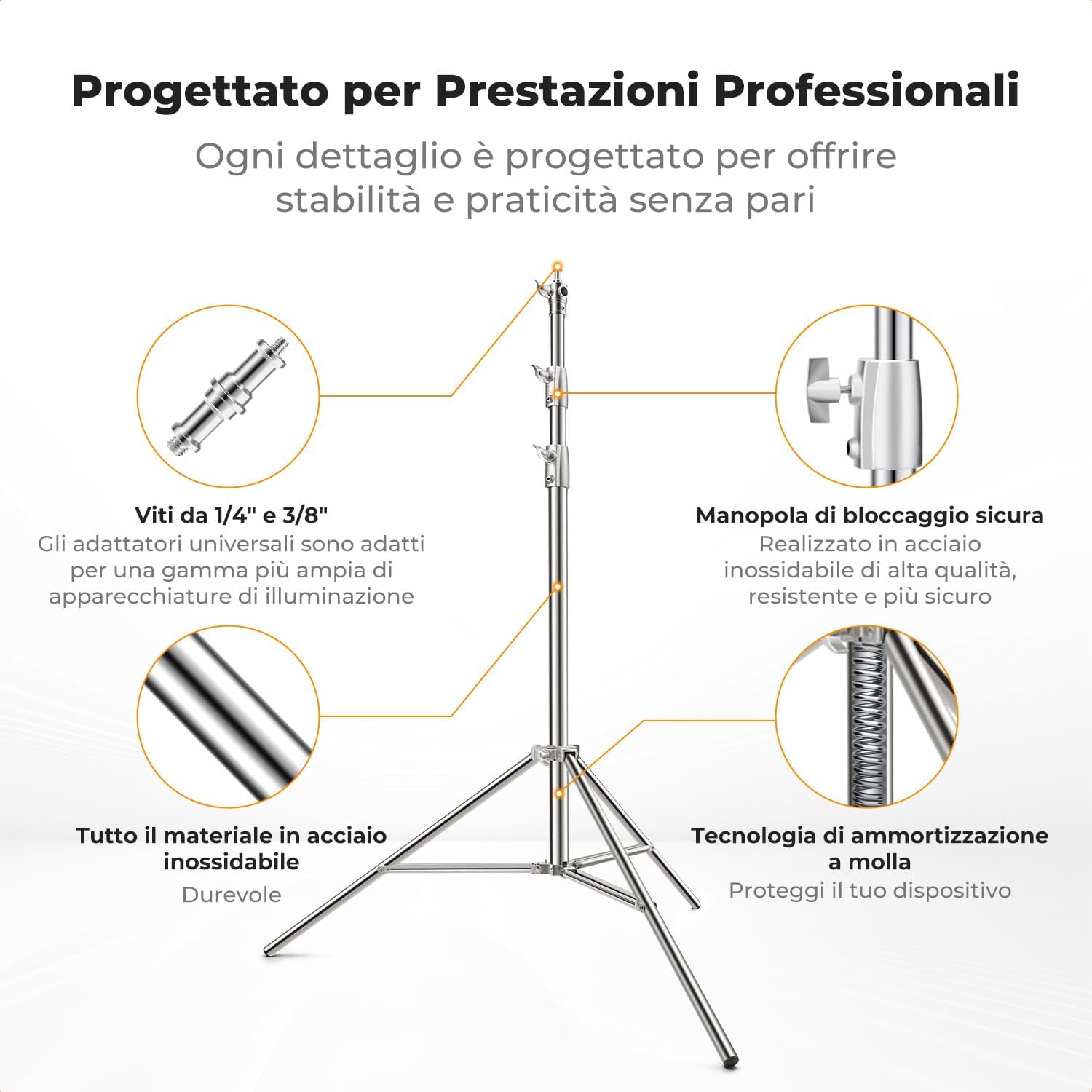 Detalle de K&F CONCEPT Spring Light Stand 280 cm in acciaio inossidabile: supporto per luci fotografica pieghevole con filettature 1/4" e 3/8